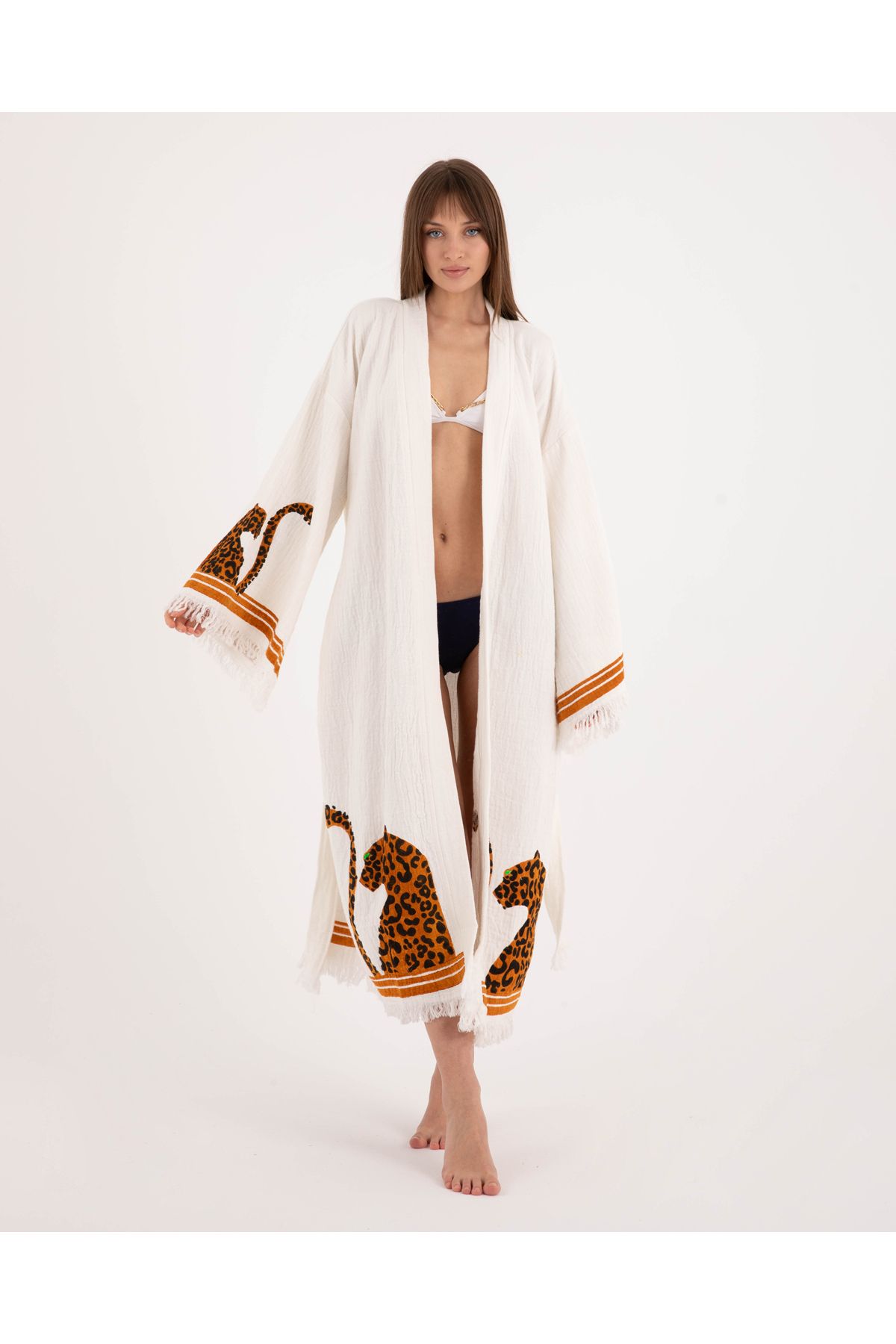 Nily Home Bornoz ,Plaj Elbisesi Kimono , Kaftan ,Sabahlık Leopar Desen Baskılı