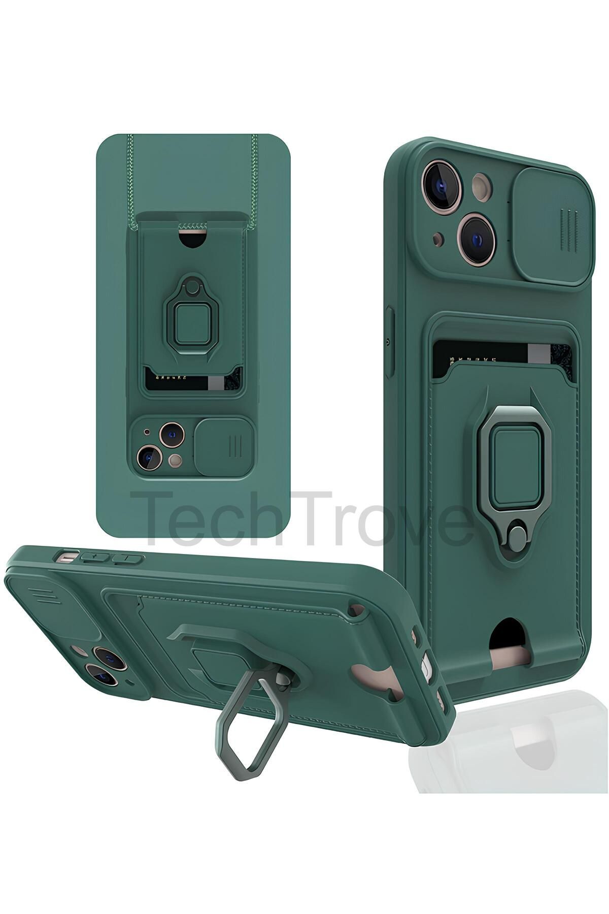 TechTrove iPhone 14 Kılıf Kamera Koruma Sürgülü Kartvizitli Kartlıklı Standlı İpli Renkli Kapak