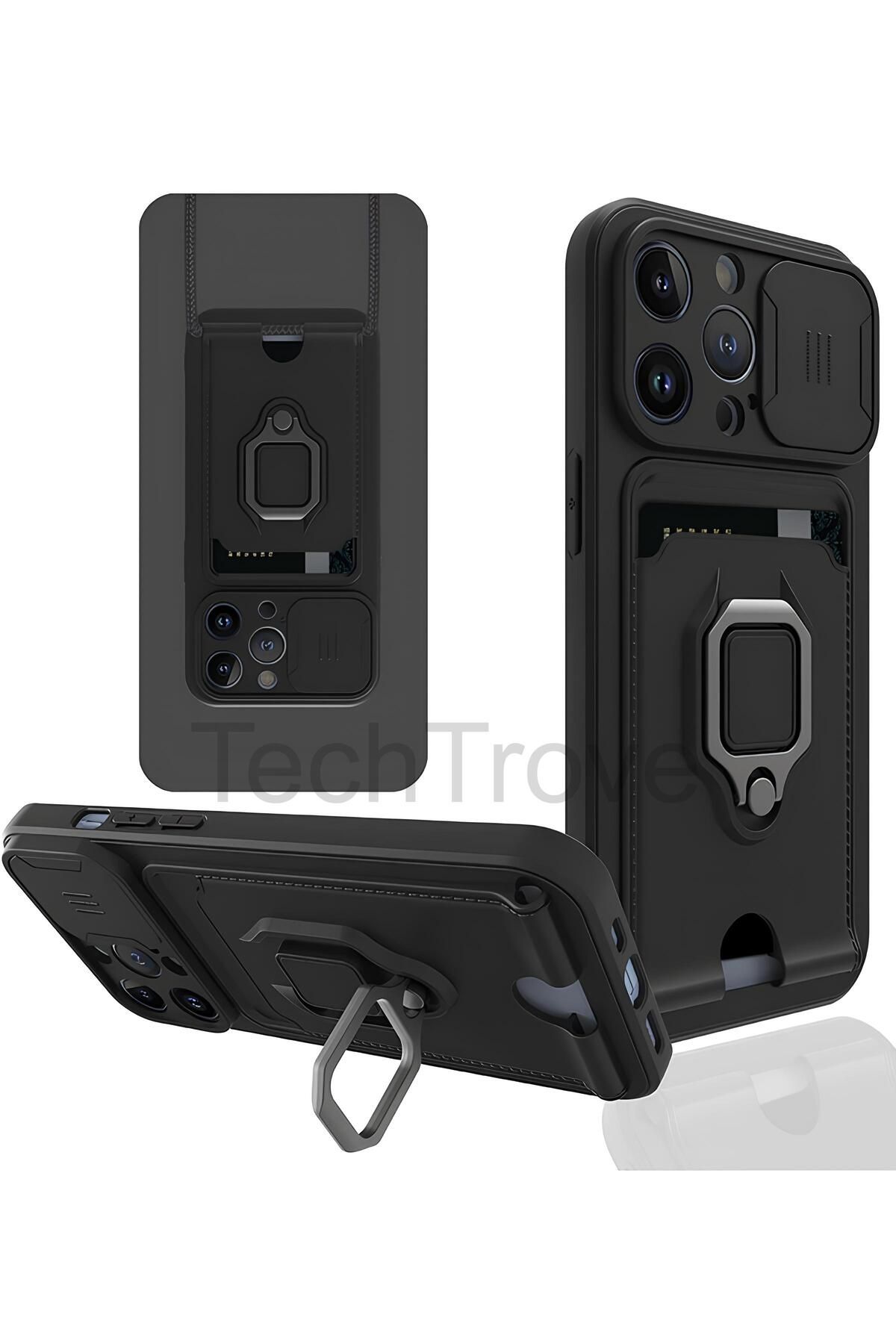 TechTrove iPhone 15 Pro Kılıf Kamera Koruma Sürgülü Kartvizitli Kartlıklı Standlı İpli Renkli Kapak