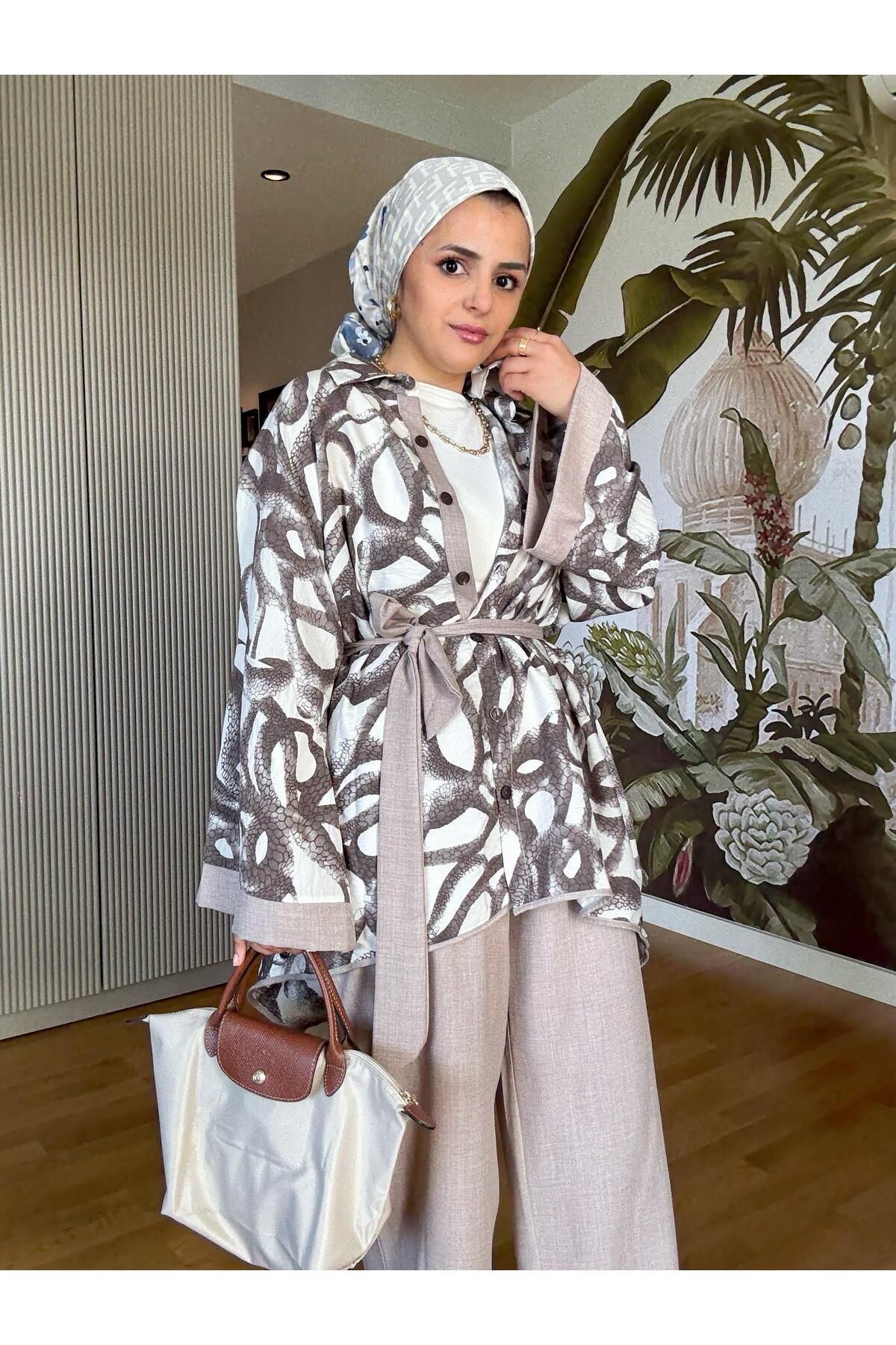 Aselim Hijap Moda Yılan Desenli Pamuk Keten Kimono Takım | Yazlık Rahat Tesettür İkili Takım Vizon