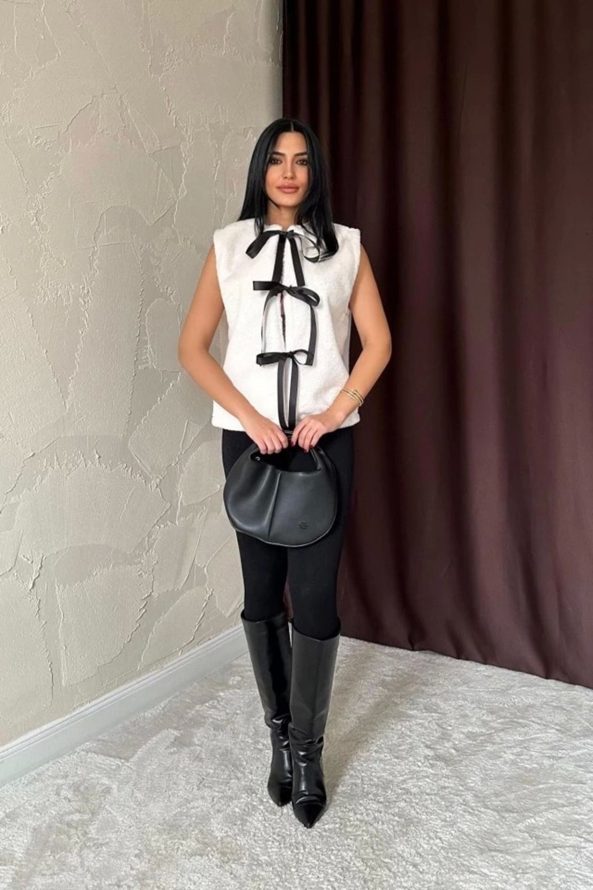 MODA Ekru Fiyonklu Peluş Yelek