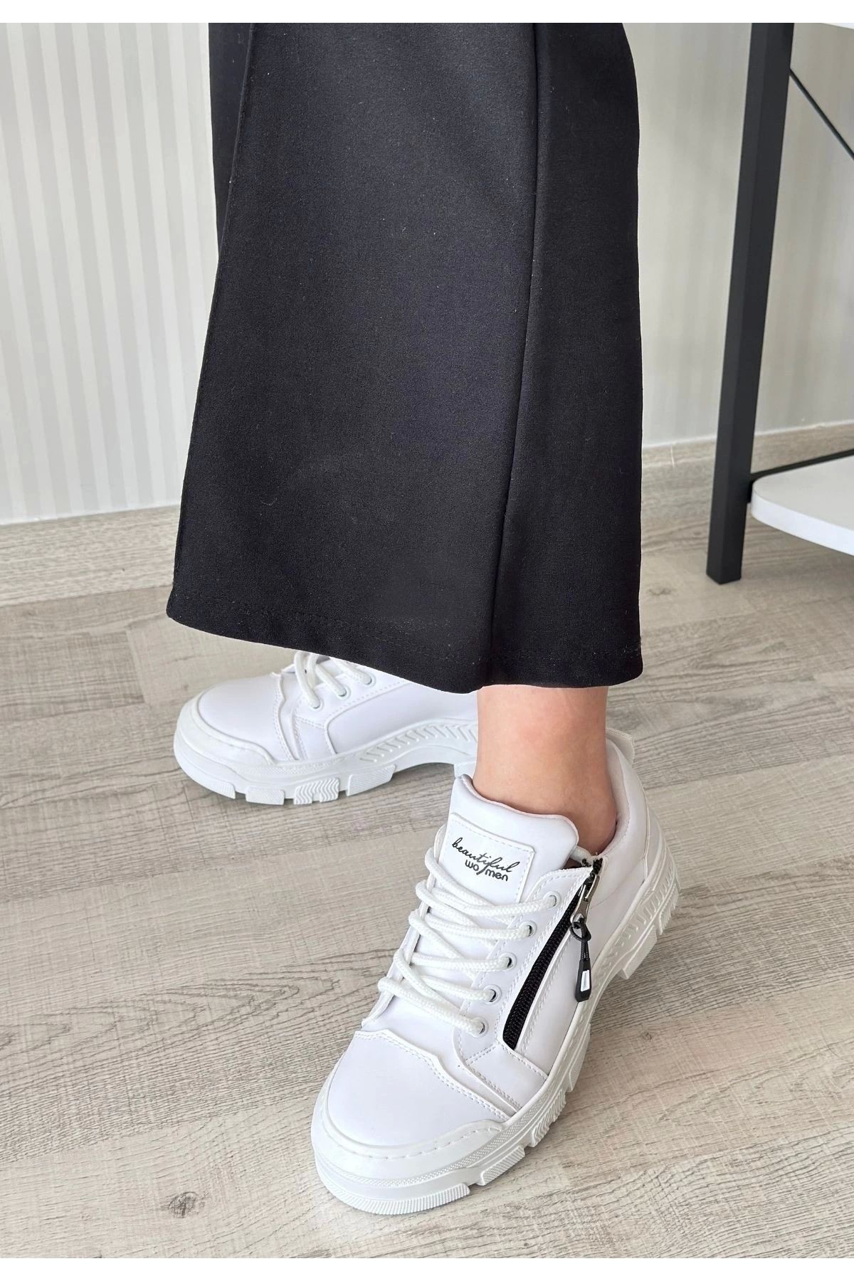 OurStyles Elwa Beyaz Cilt Bağcıklı Spor Ayakkabı