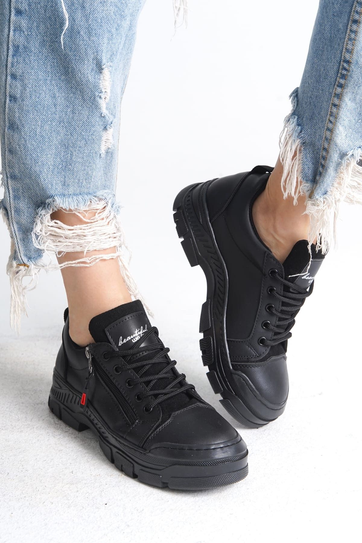 Joy Ayakkabı AGATHA Bağcıklı Fermuarlı Ortopedik Taban Kadın Sneaker Spor Ayakkabı ST - Siyah