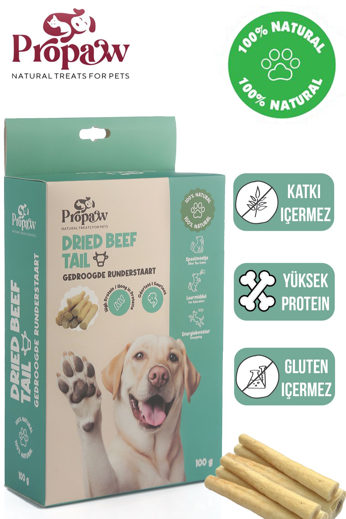 propaw Kurutulmuş Dana Kuyruk Çiğnemelik Köpek Ödül Maması %100 Doğal Tüm Irklar İçin Yüksek Protein 100 g