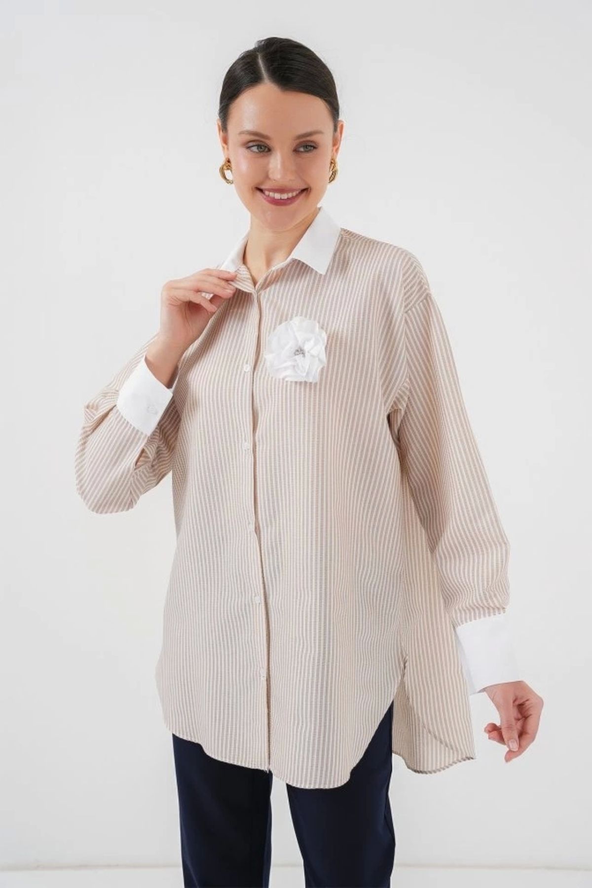 MODA Uzun Çizgili Gömlek 5962 Bej