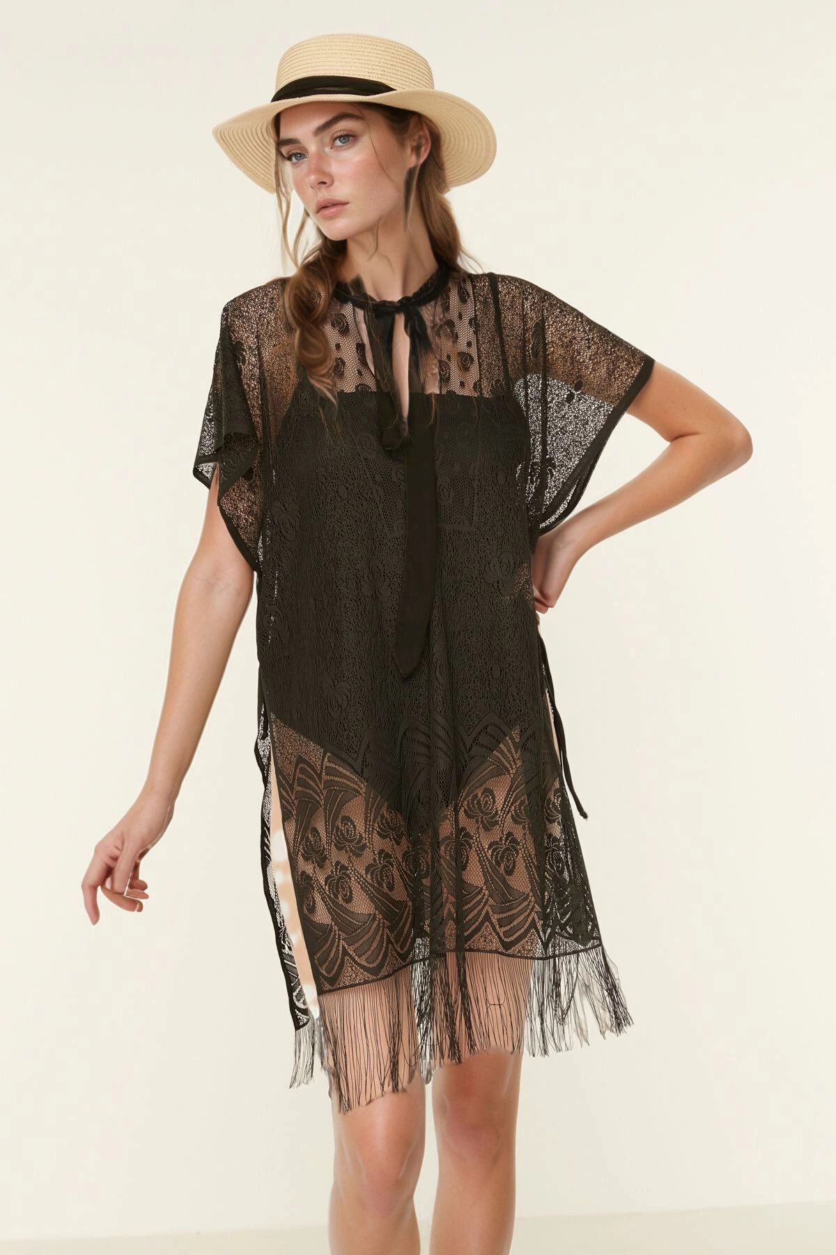 bacc Siyah Polyester Kumaş Fileli Kadın Pareo BCNSV-25PAREOY-0396