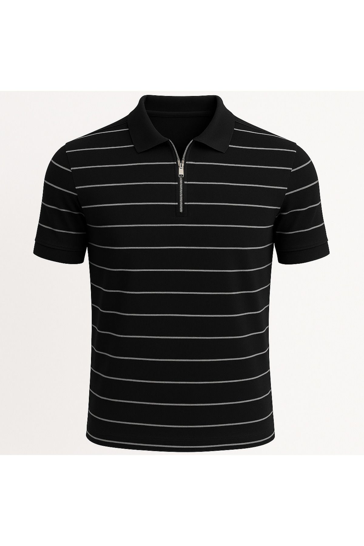 LC Waikiki Polo Yaka Yarım Fermuar Yatay Çizgi Desenli Triko Erkek T-Shirt