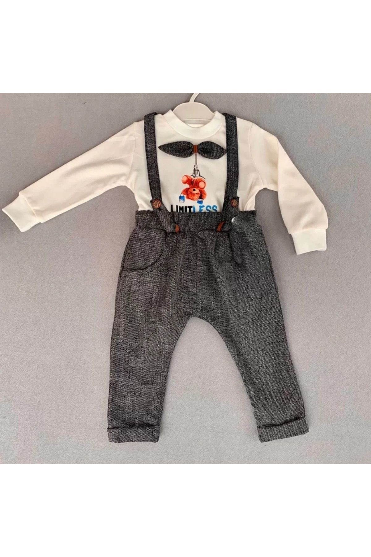 Mu Art 9-12-18 Ay Papyonlu Sweat Kot Pantolon 2Li Erkek Bebek Salopet Takımı Gri