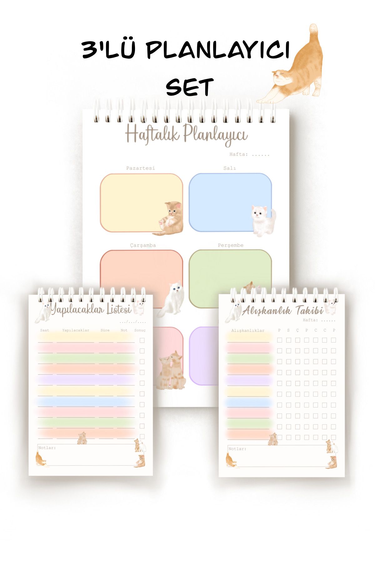 Handeto Kraft Kedi Temalı 3'lü Türkçe Planlayıcı Set, Haftalık Planlayıcı, Alışkanlık Takibi, To-do List, Planner