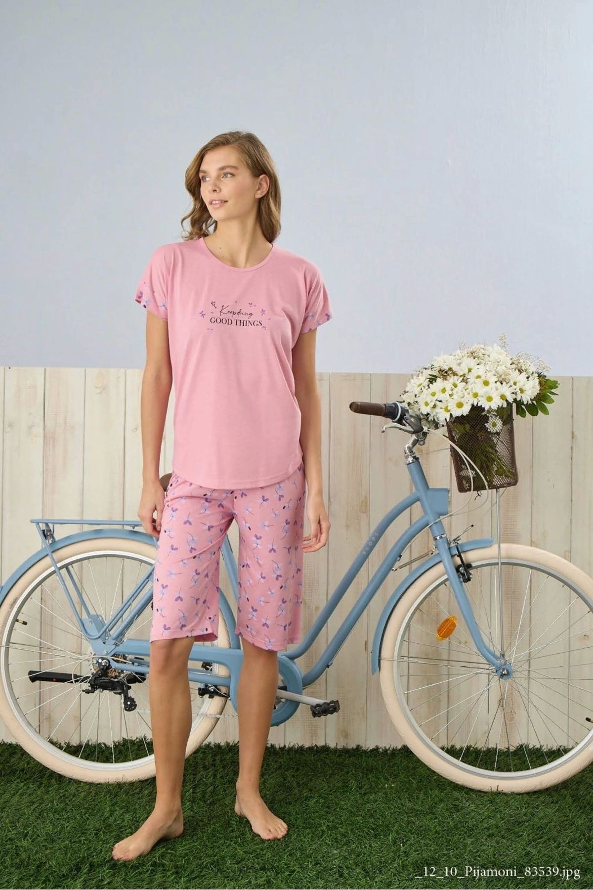 Pijamoni Kadın Yuvarlak Yaka Kapri Pembe Pijama Takımı - 7320