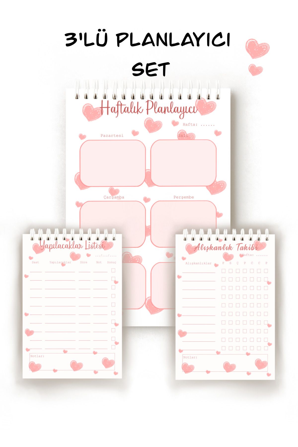 Handeto Kraft Kalp Temalı 3'lü Türkçe Planlayıcı Set, Haftalık Planlayıcı, Alışkanlık Takibi, To-do List, Planner