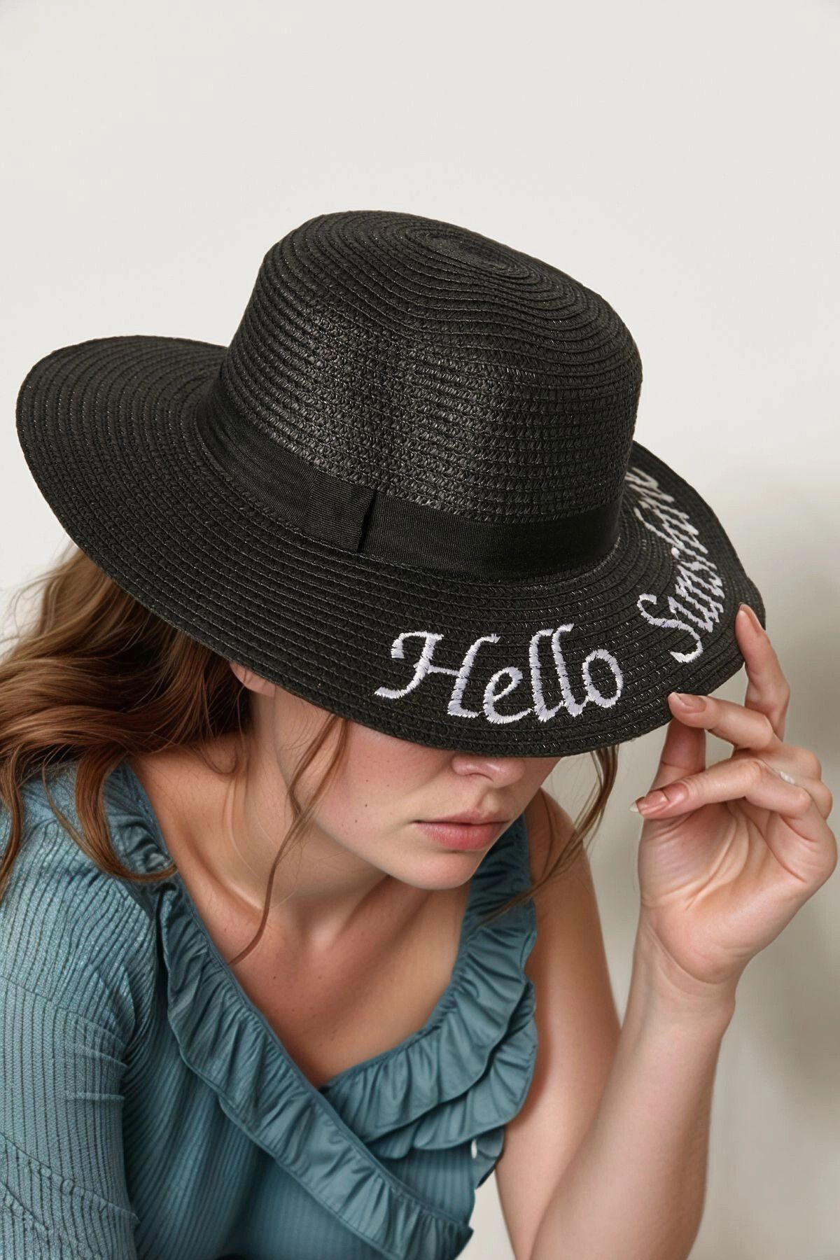bacc Siyah Hello Sunshine Nakışlı Geniş Hasır Şapka BCNSV-2514390-9
