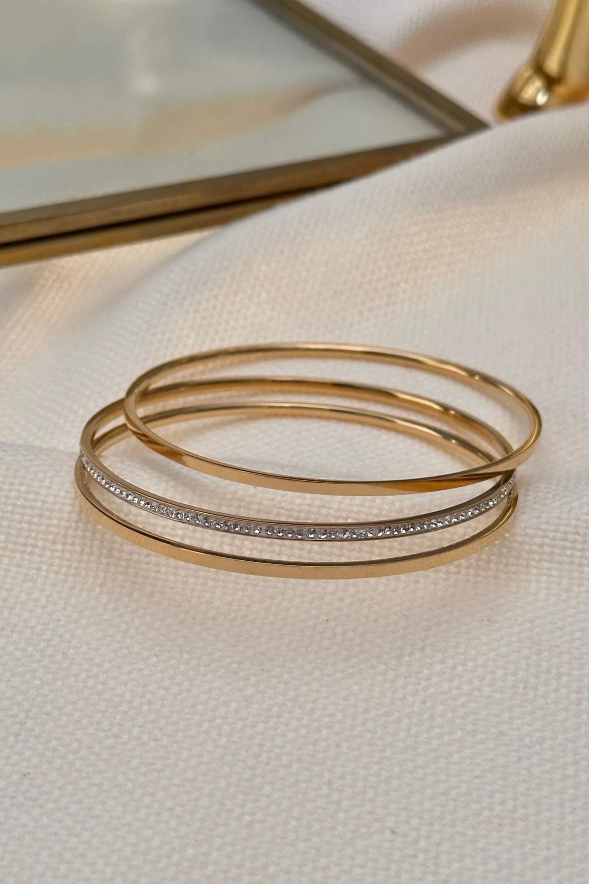 GLOW LUXE Çelik Gold Zirkon Taş Desenli Ajda Bilezik Seti (3'LÜ)