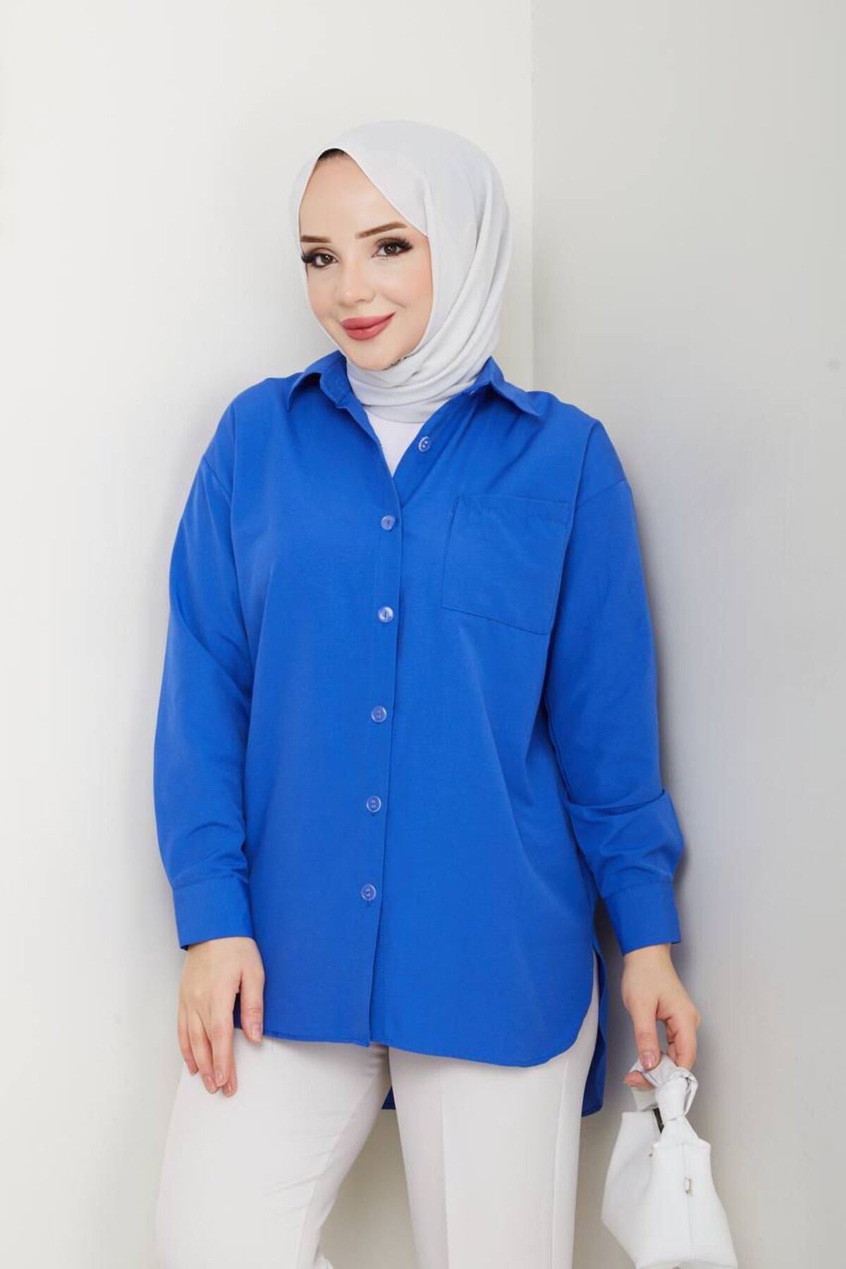 exxitcollection Kadın Terikoton Uzun Şık Modern Mavi Boyfriend Tesettür Gömlek