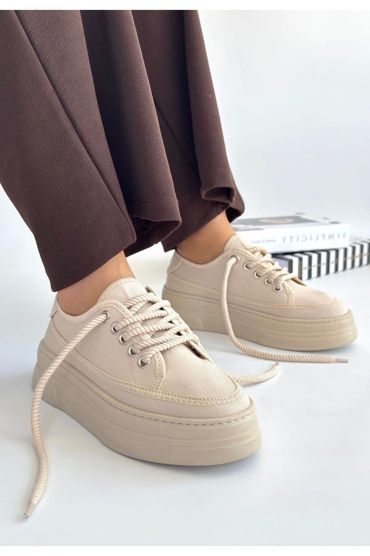 OurStyles Carin Bej Keten Bağcıklı Spor Ayakkabı