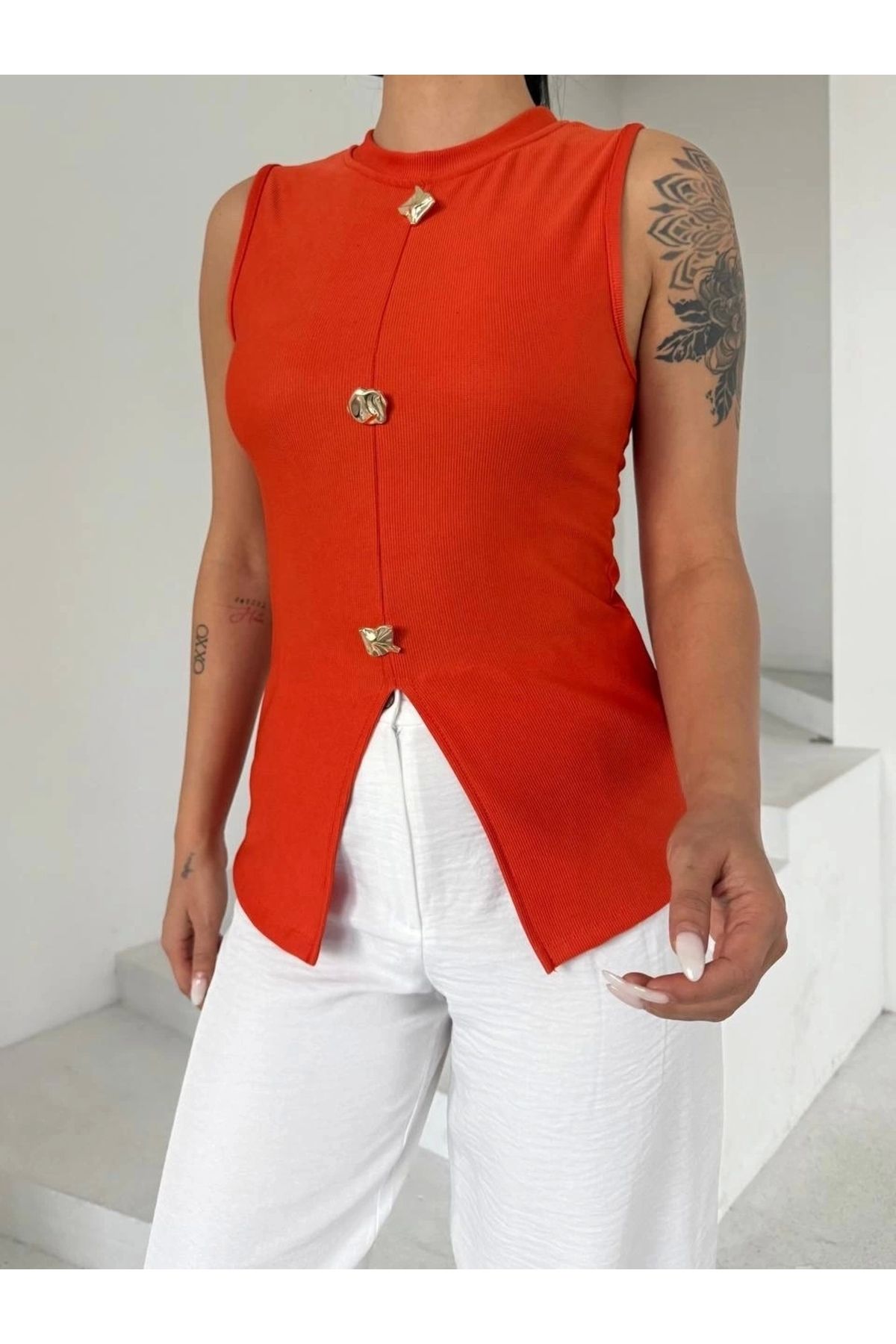 OurStyles Kadın turuncu bisiklet yaka gold düğmeli ottoman bluz s2310