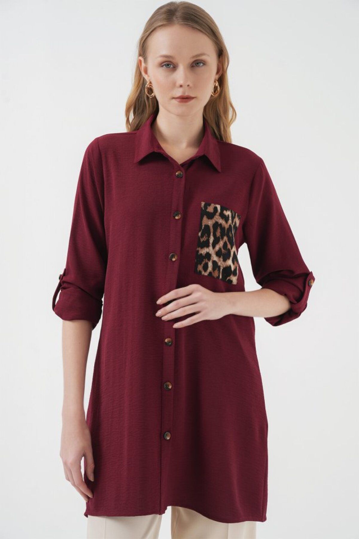 Vogueway 5851 Cep Detaylı Gömlek Tunik - Bordo