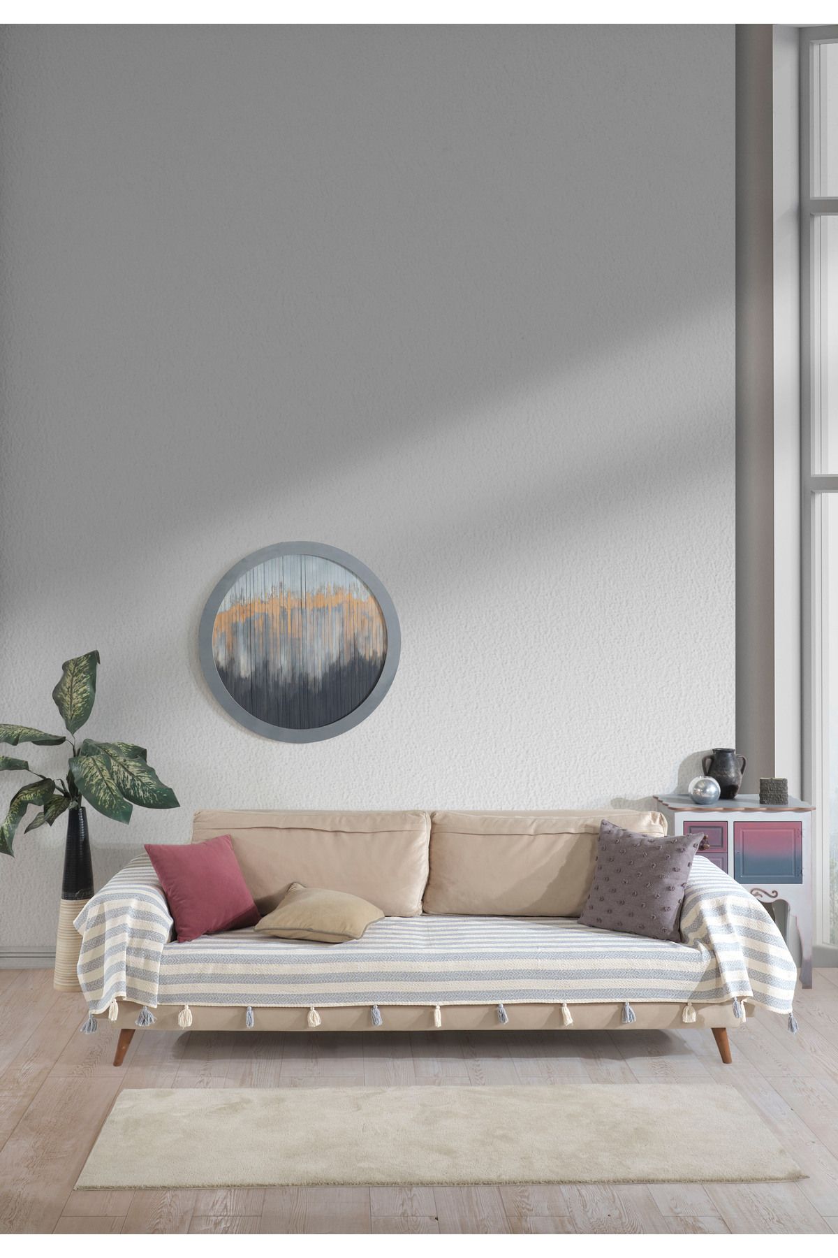 Lux Touch Pera Gri Püsküllü Kolları Örten Koltuk Örtüsü 300x110 Cm 3m Battal Boy Ponponlu Kanepe Divan Çekyat