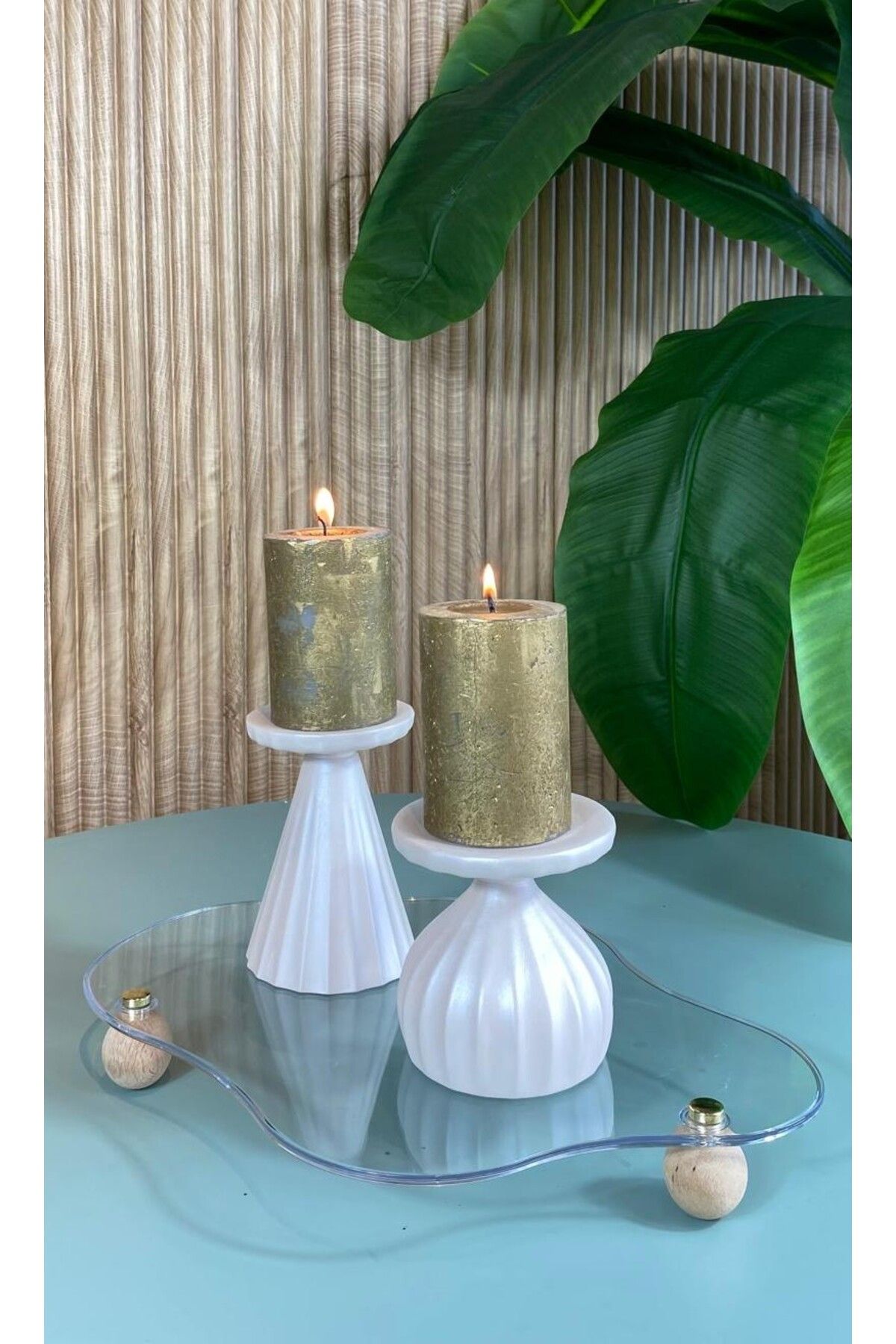 AstreHome Seramik Tasarım Mumluk Set - Büyük:12cm Küçük: 10,50 cm