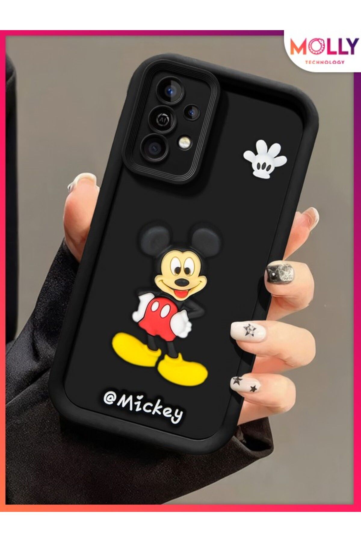 Molly Samsung Galaxy A32 İçin Siyah Kenarları Kalın 3d Kabartmalı Mickey Silikon Kılıf