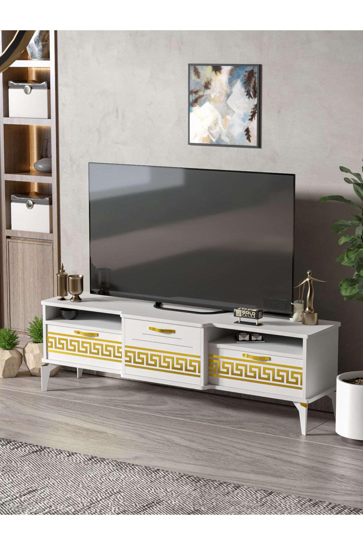 GOLDFALEZ Tv Sehpası Tv Ünitesi 160 Cm Gold Beyaz Mistral 5072