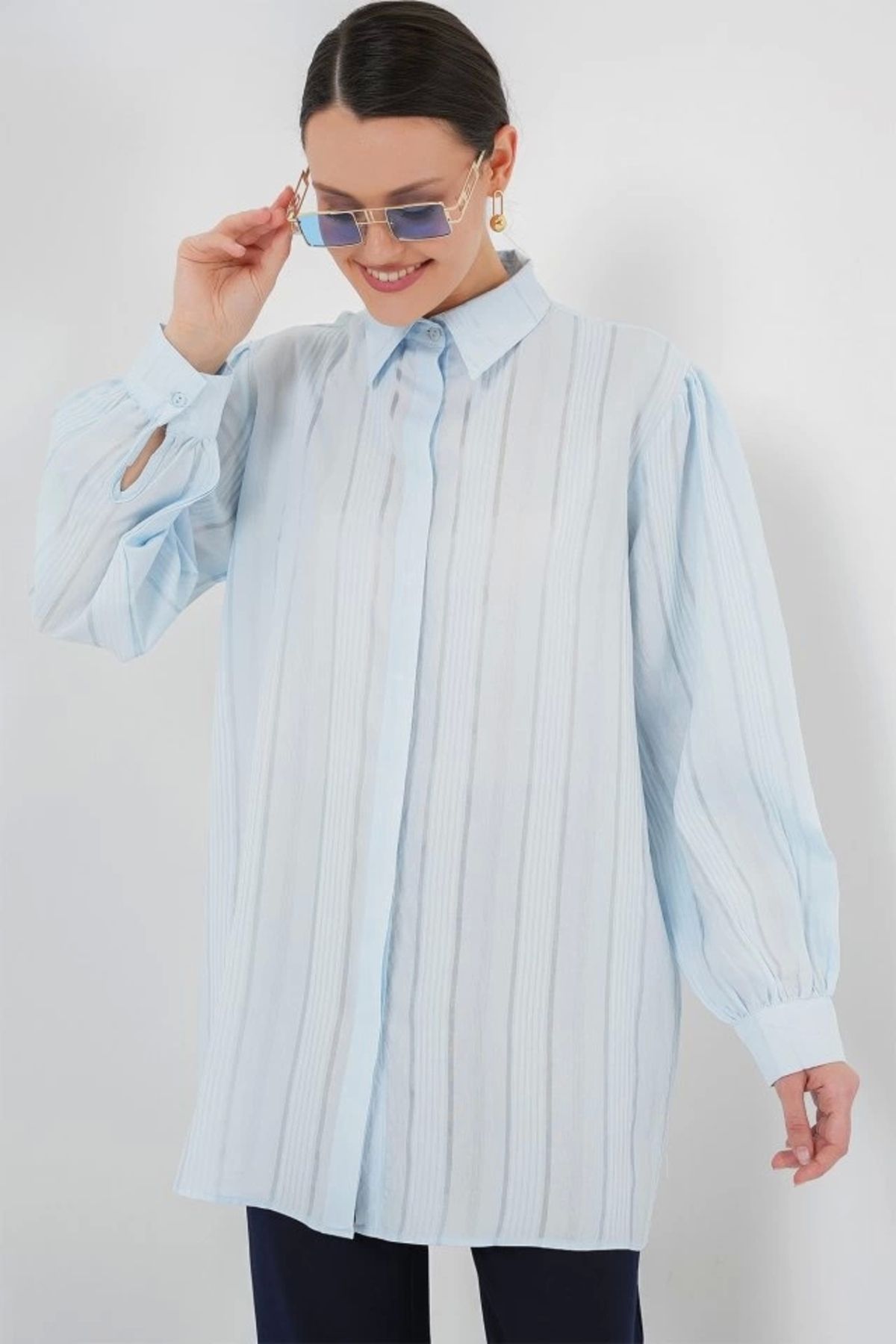 MODA Çizgili Uzun Gömlek Tunik 5947 Mavi