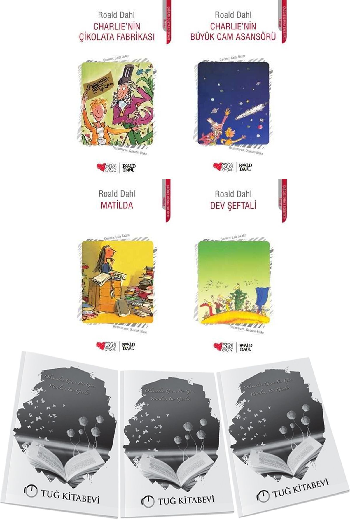 Can Yayınları Charlie'nin Çikolata Fabrikası-Charlie'nin Büyük Cam Asansörü-Matilda-Dev Şeftali 4lü Set Roald Dahl