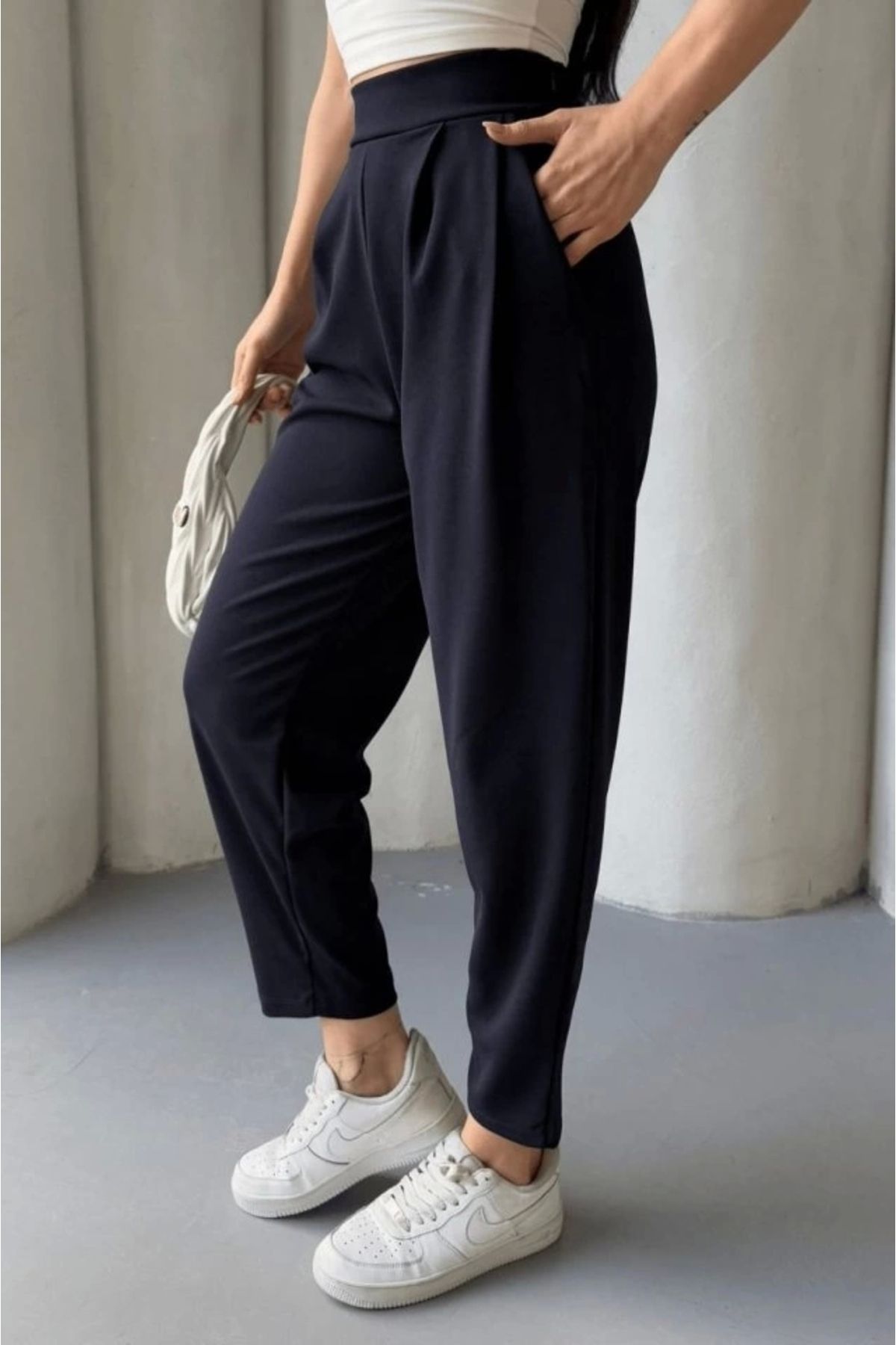 MODA Kadın cuba Krep ikralı Yan Fermuarlı astikli Harem Pantolon
