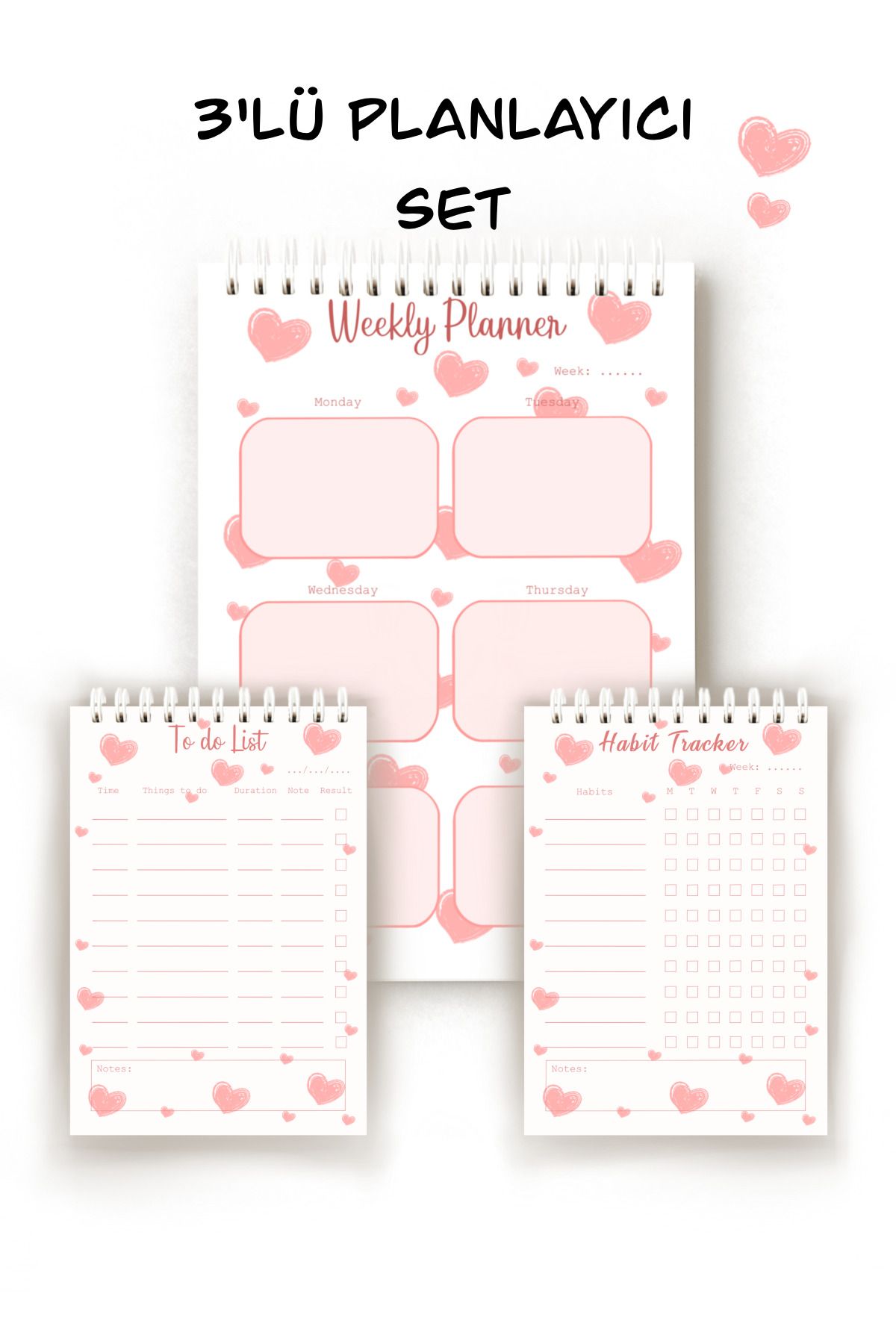 Handeto Kraft Kalp Temalı 3'lü İngilizce Planlayıcı, Haftalık Planlayıcı, Alışkanlık Takibi, To-do List, Planner