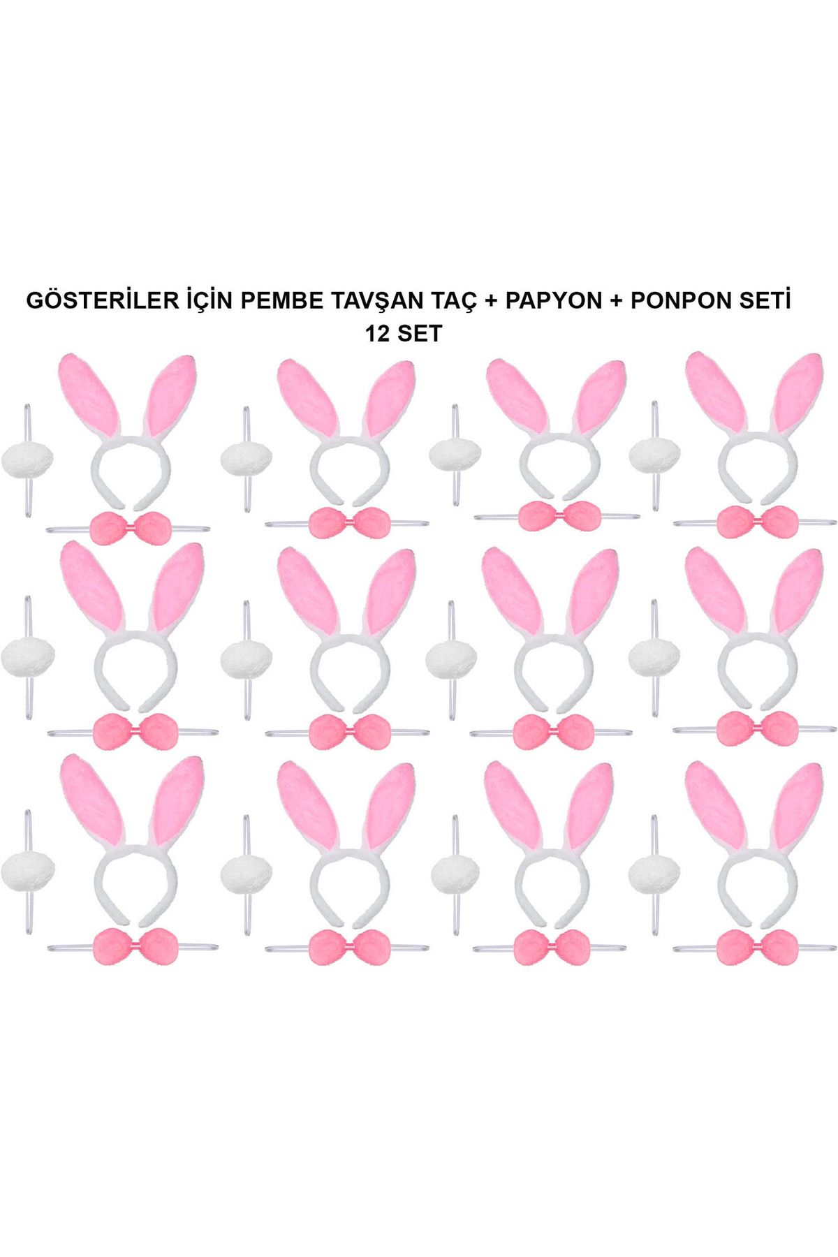 Çnrline Pembe Tavşan Kostüm Seti – Taç, Papyon, Ponpon (12’li Paket)