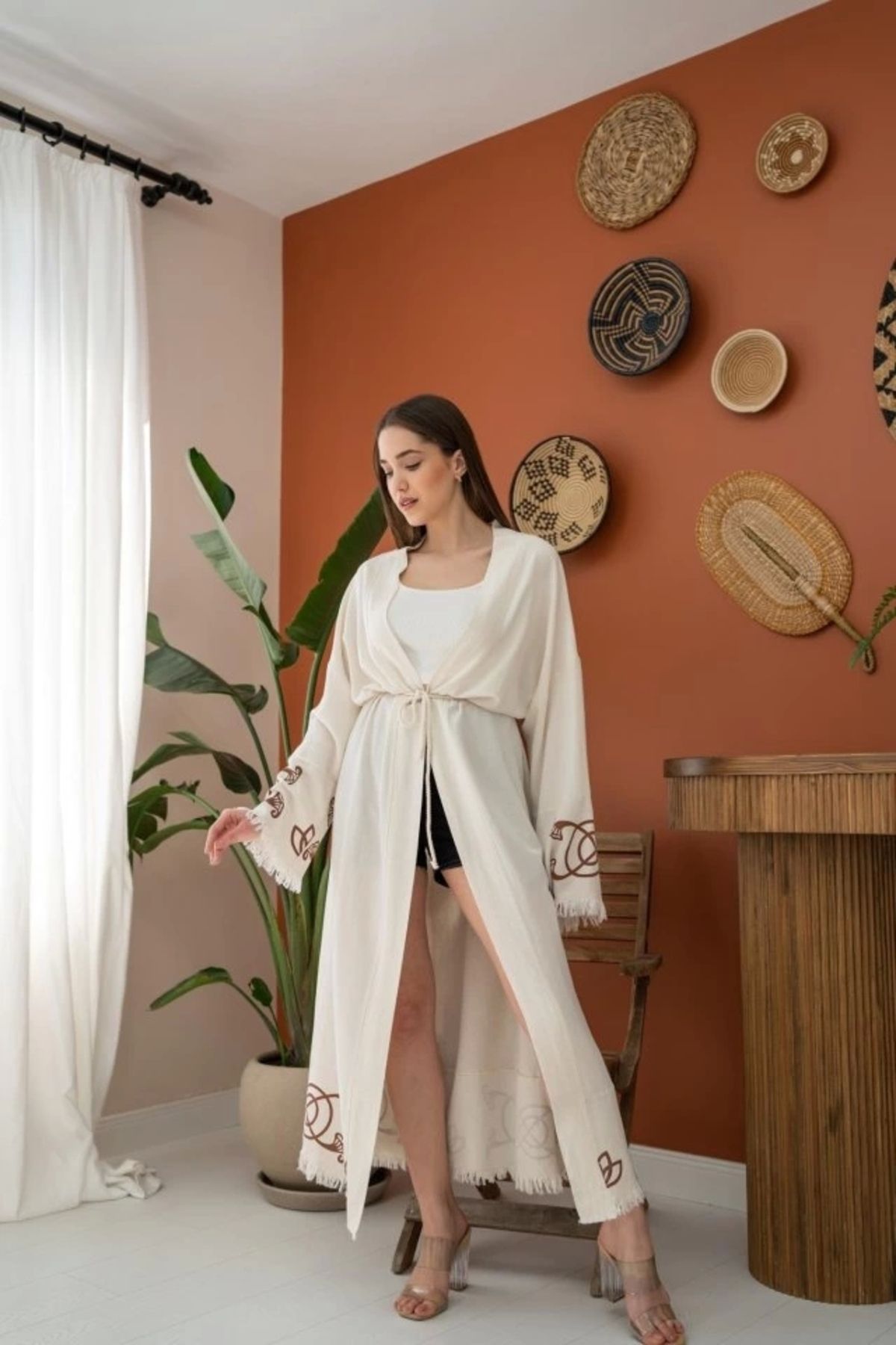 MODA Kahverengi Baskı Detay Keten Hırka
