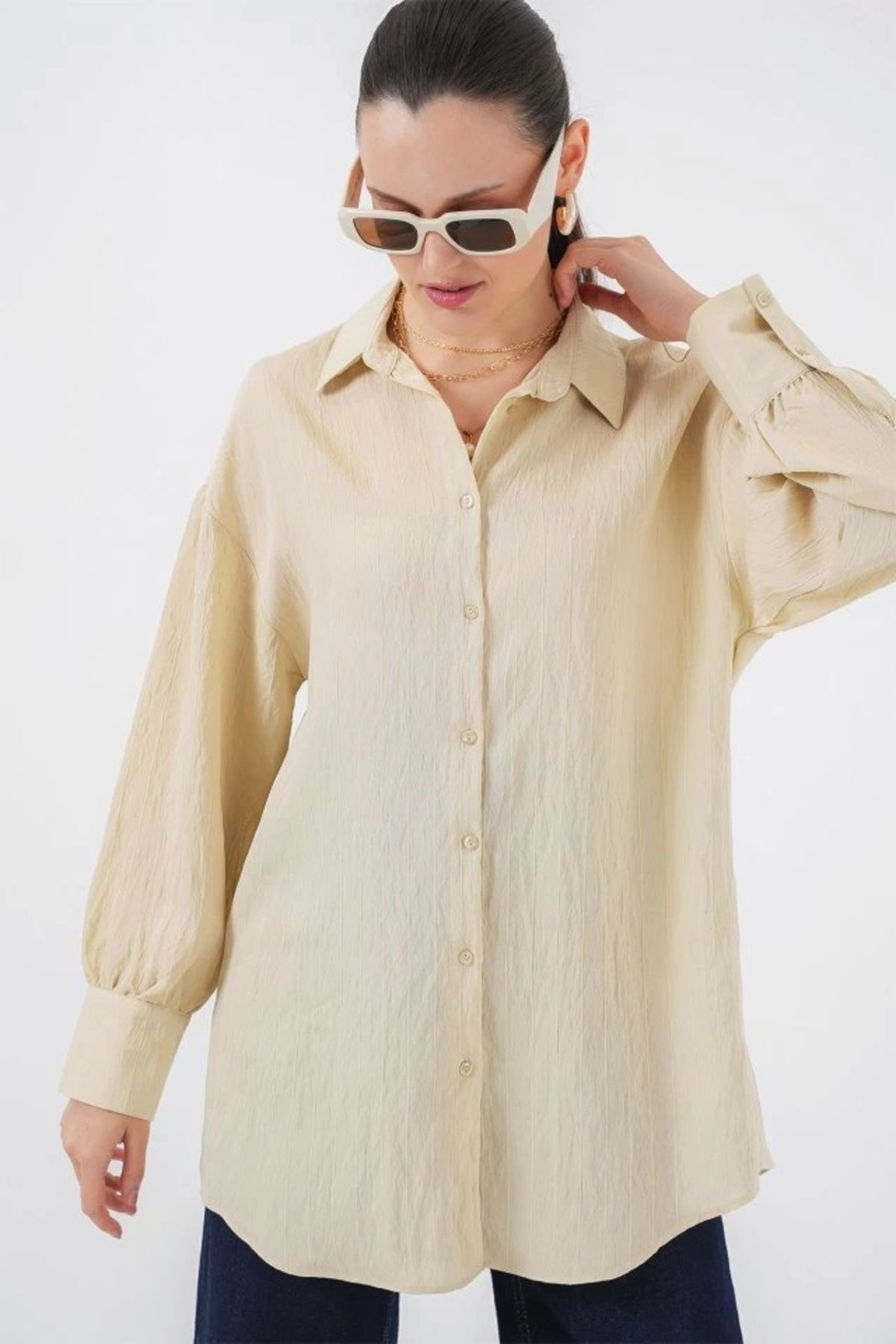 MODA Çizgili Uzun Gömlek Tunik 5963 Krem