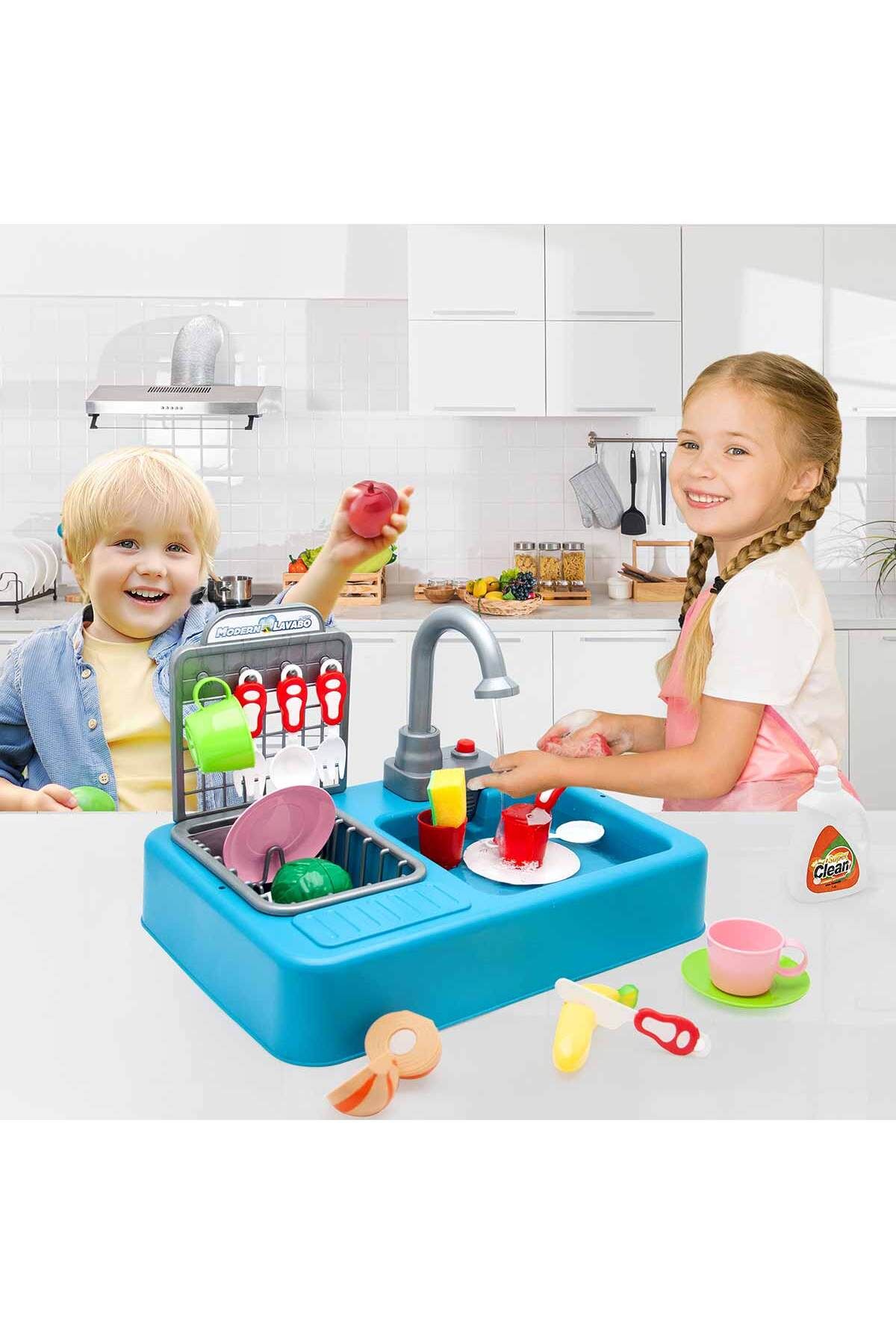 BAMTEBİ Modern Lavabo Mutfak Seti Su Akan Çeşmeli Mavi Lavabo Musluklu Mutfak Set 25 Parça