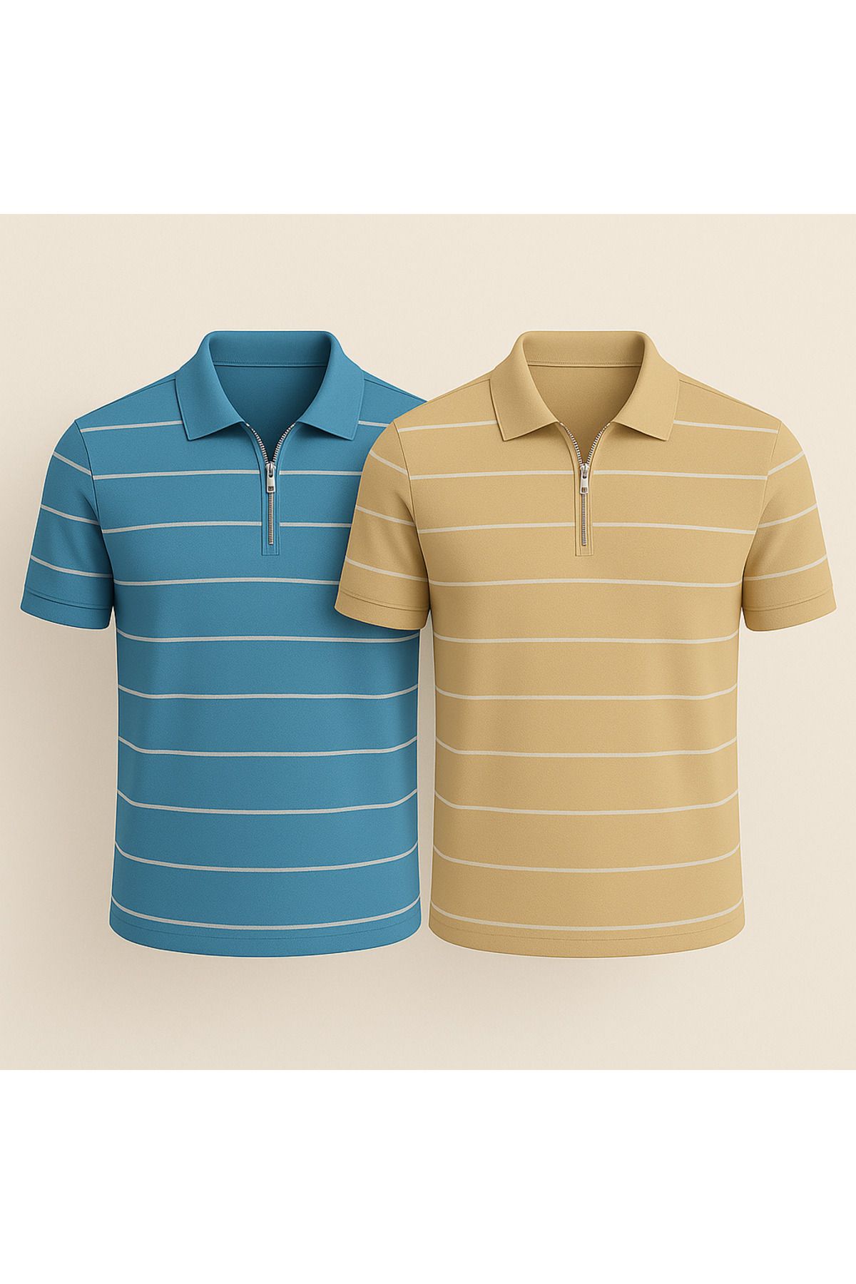 LC Waikiki Polo Yaka Yarım Fermuar Yatay Çizgi Desenli Triko Erkek T-Shirt 2'li Paket