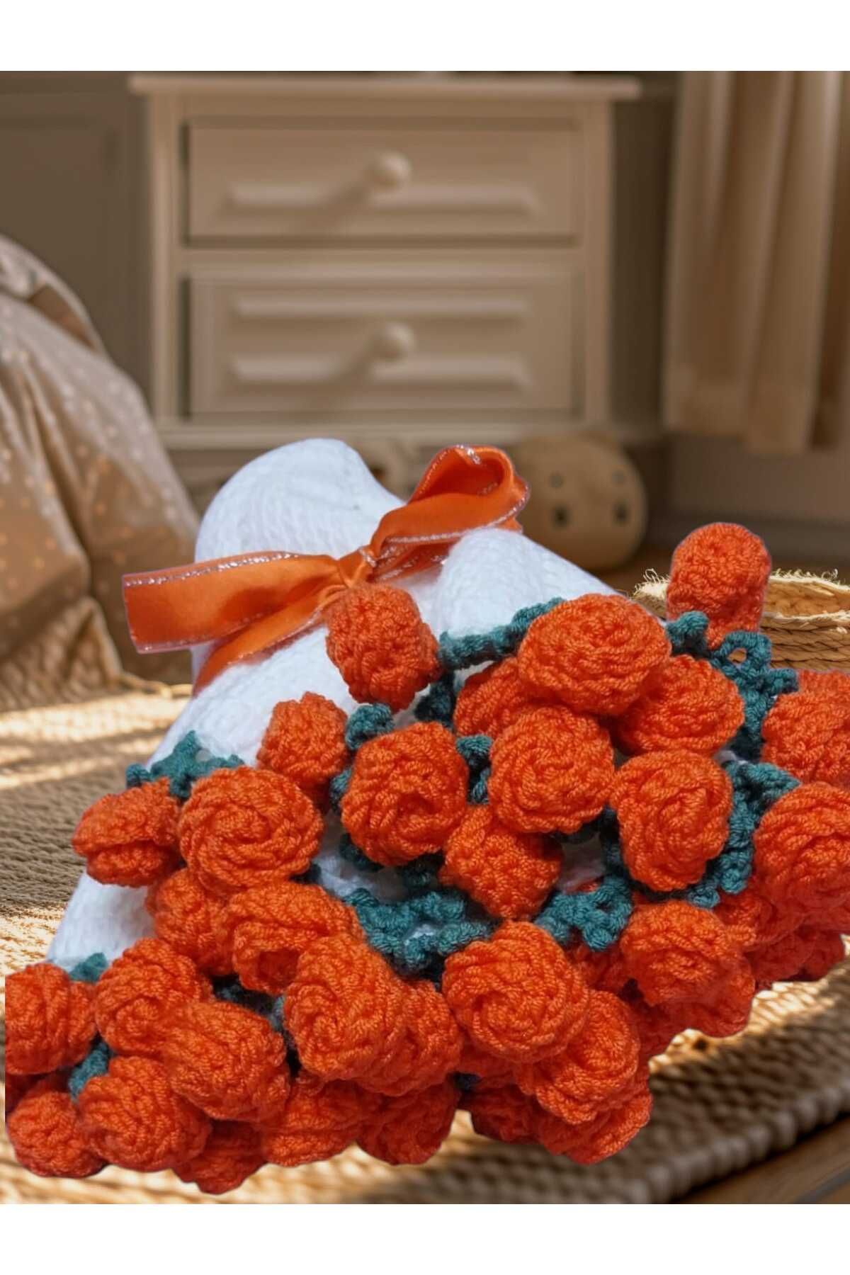 Melonndesign Turuncu güllü buket şal, 80cm, el örgüsü