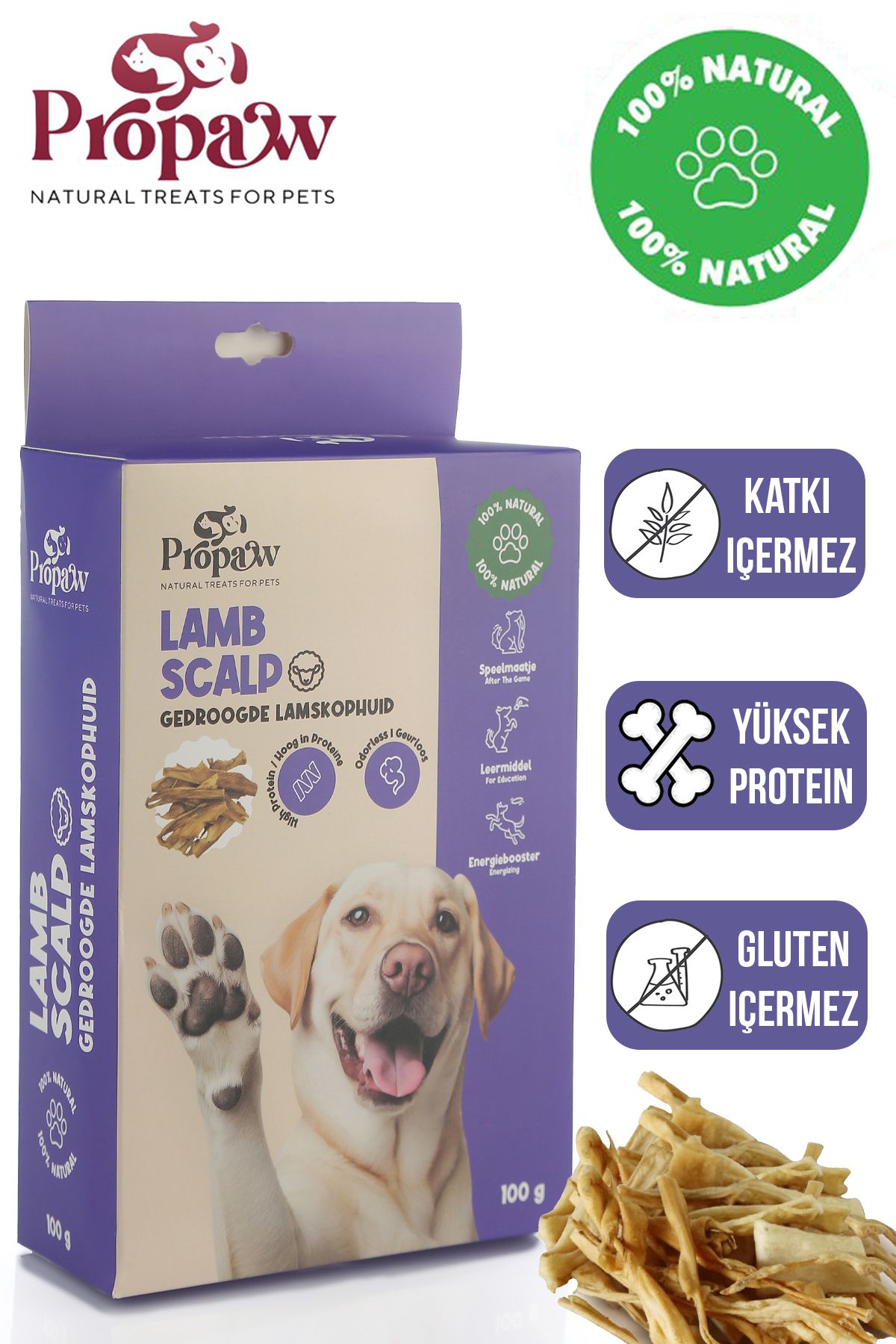 propaw Kurutulmuş Kuzu Kelle Derisi Köpek Ödül Maması Çiğnemelik %100 Doğal Tüm Irklar İçin Protein 100 g