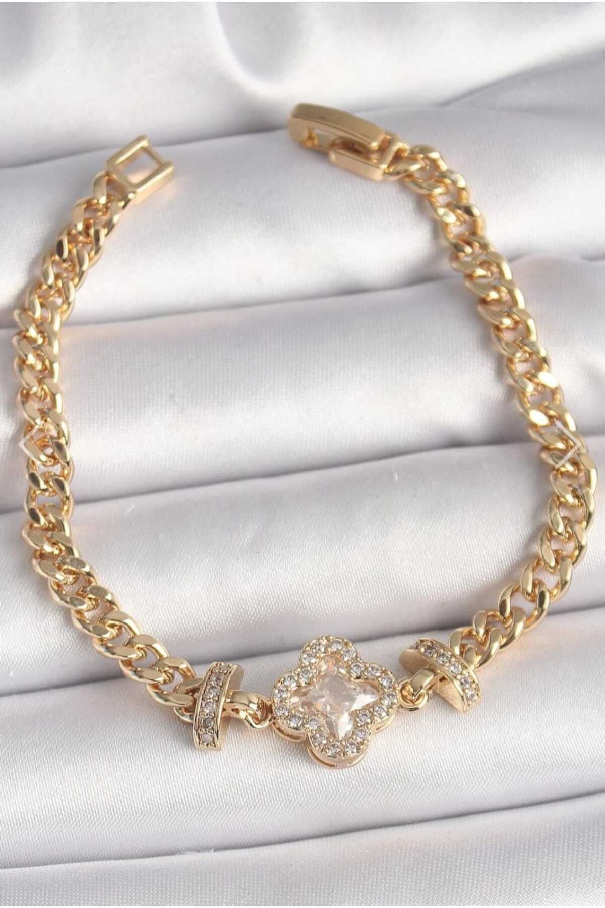 ÇİÇEKÖRGÜ Pirinç Gold Renk Zirkon Taşlı Yonca Figür Zincir Model Kadın Bileklik
