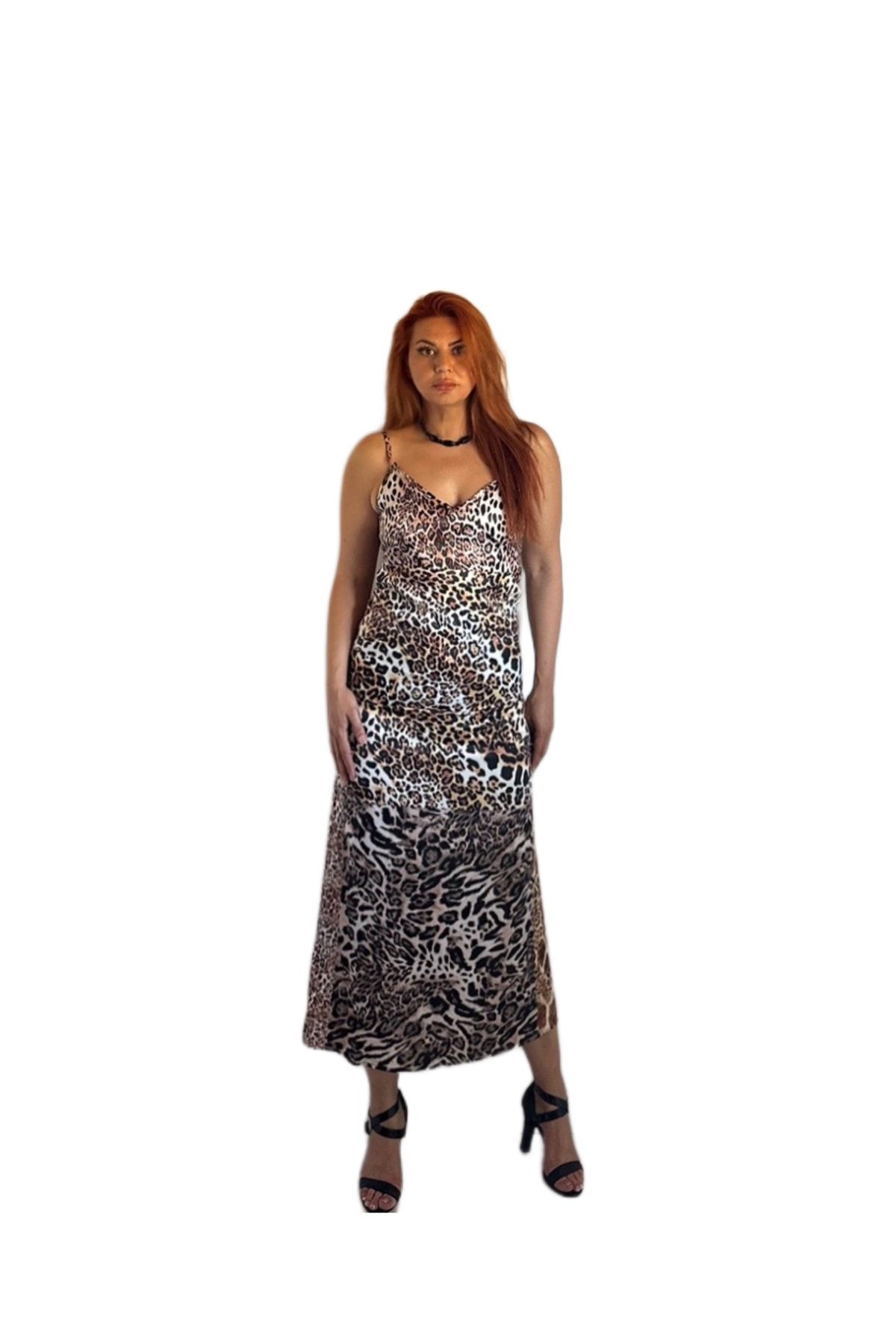 Şahika Gürkan To The Moon & Sun Leopar Saten Askılı Elbise
