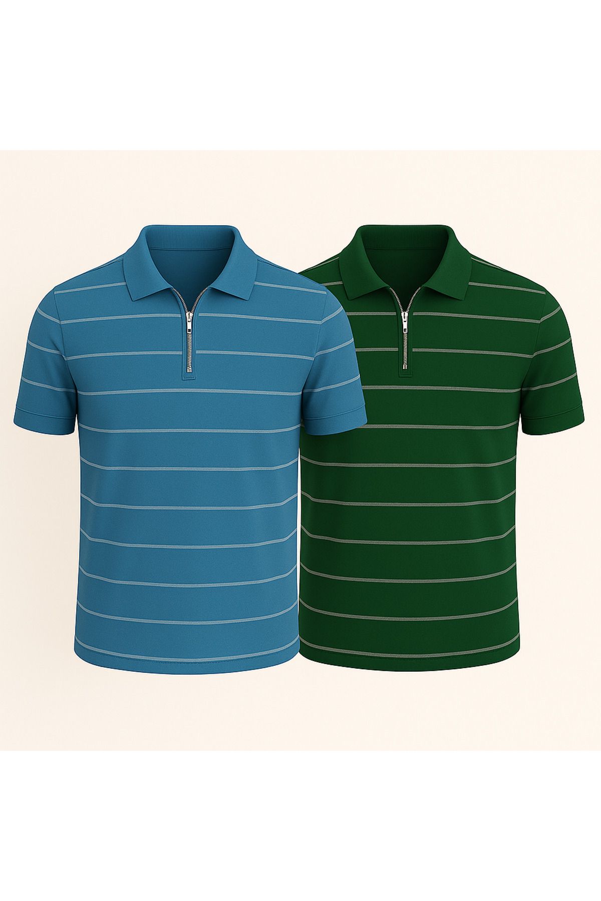 LC Waikiki Polo Yaka Yarım Fermuar Yatay Çizgi Desenli Triko Erkek T-Shirt 2'li Paket