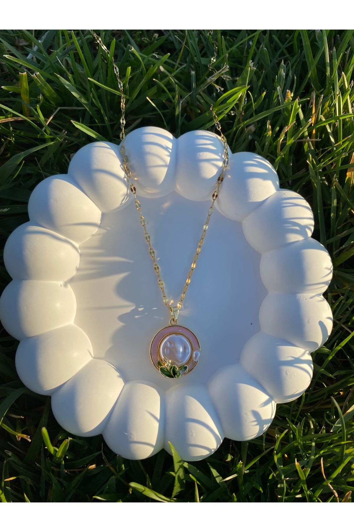 asem jewelry PEMBE YAPRAK DETAYLI BÜYÜK İNCİ VİNTAGE ÇELİK KOLYE