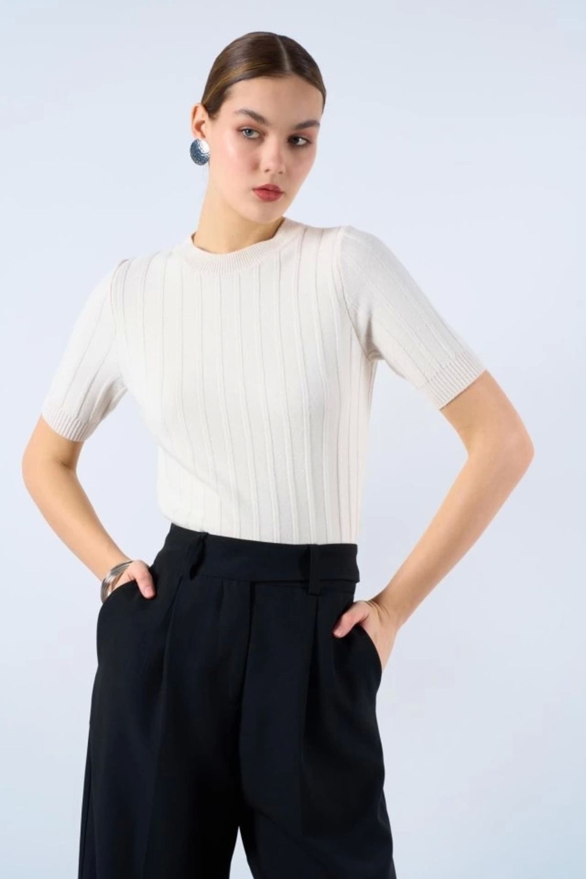 MODA Fitilli Kısa Kol Kazak Krem