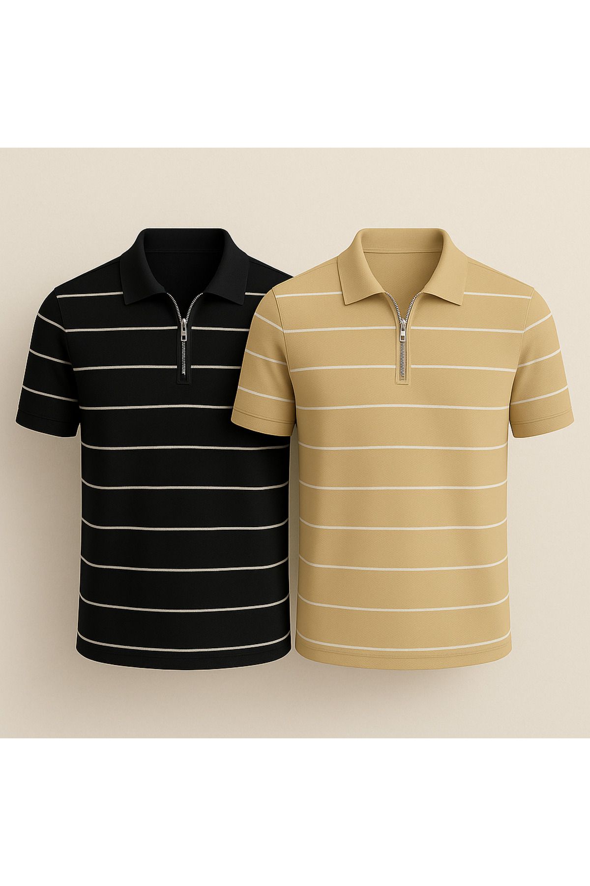 LC Waikiki Polo Yaka Yarım Fermuar Yatay Çizgi Desenli Triko Erkek T-Shirt 2'li Paket