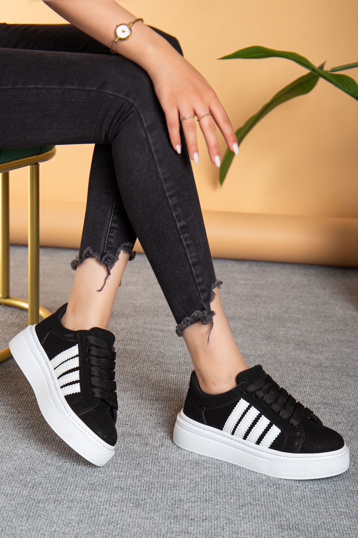 MY GROSS SHOES Kadın Günlük Kalın Taban Bağcıklı Siyah Beyaz Çizgi Şerit Detaylı Garantili Sneaker Spor Ayakkabı