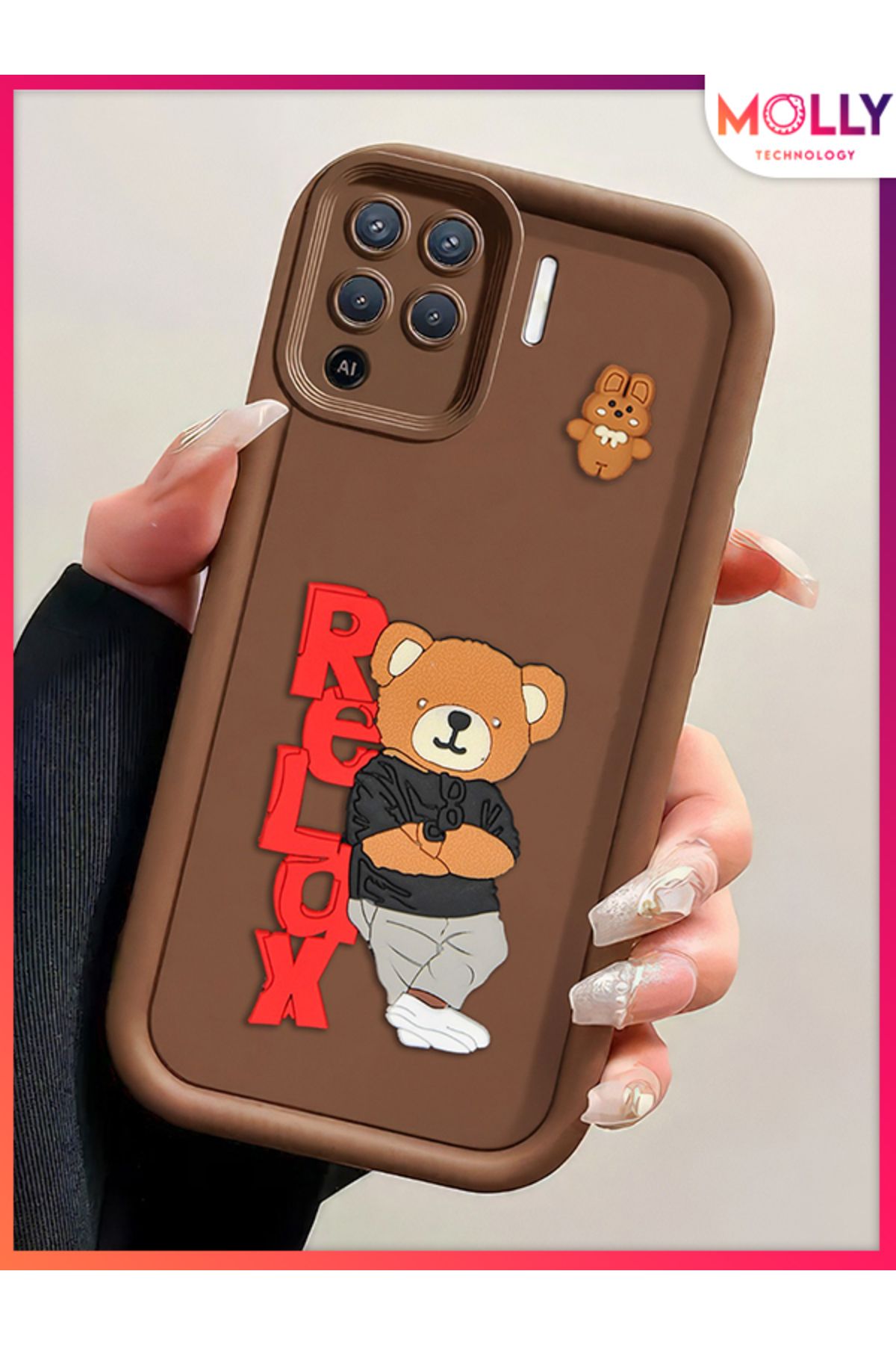 Molly Oppo Reno 5 Lite İçin Fallow Brown Kenarları Kalın 3d Kabartmalı Teddy Bear Silikon Kılıf