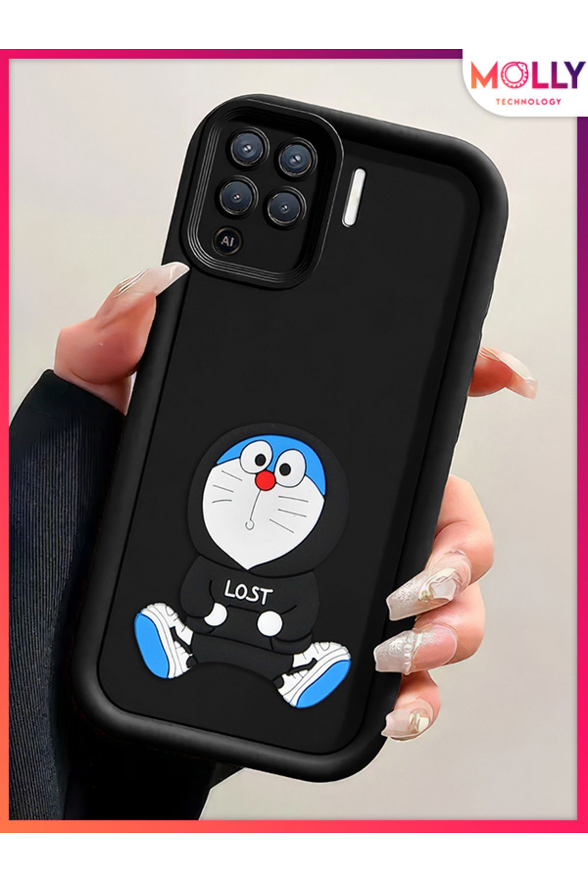 Molly Oppo Reno 5 Lite İçin Siyah Kenarları Kalın 3d Kabartmalı Sevimli Doraemon Silikon Kılıf