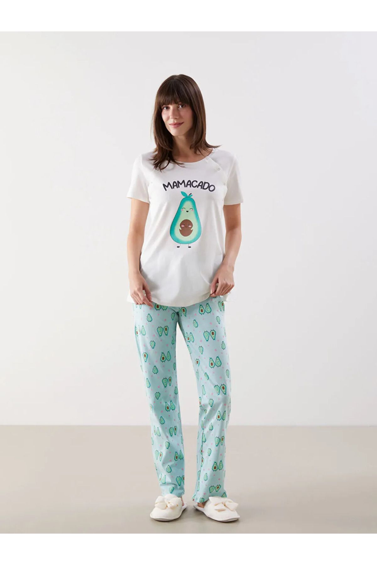 LC Waikiki LCW DREAM Turkuaz Bisiklet Yaka Baskılı Hamile Pijama Takımı