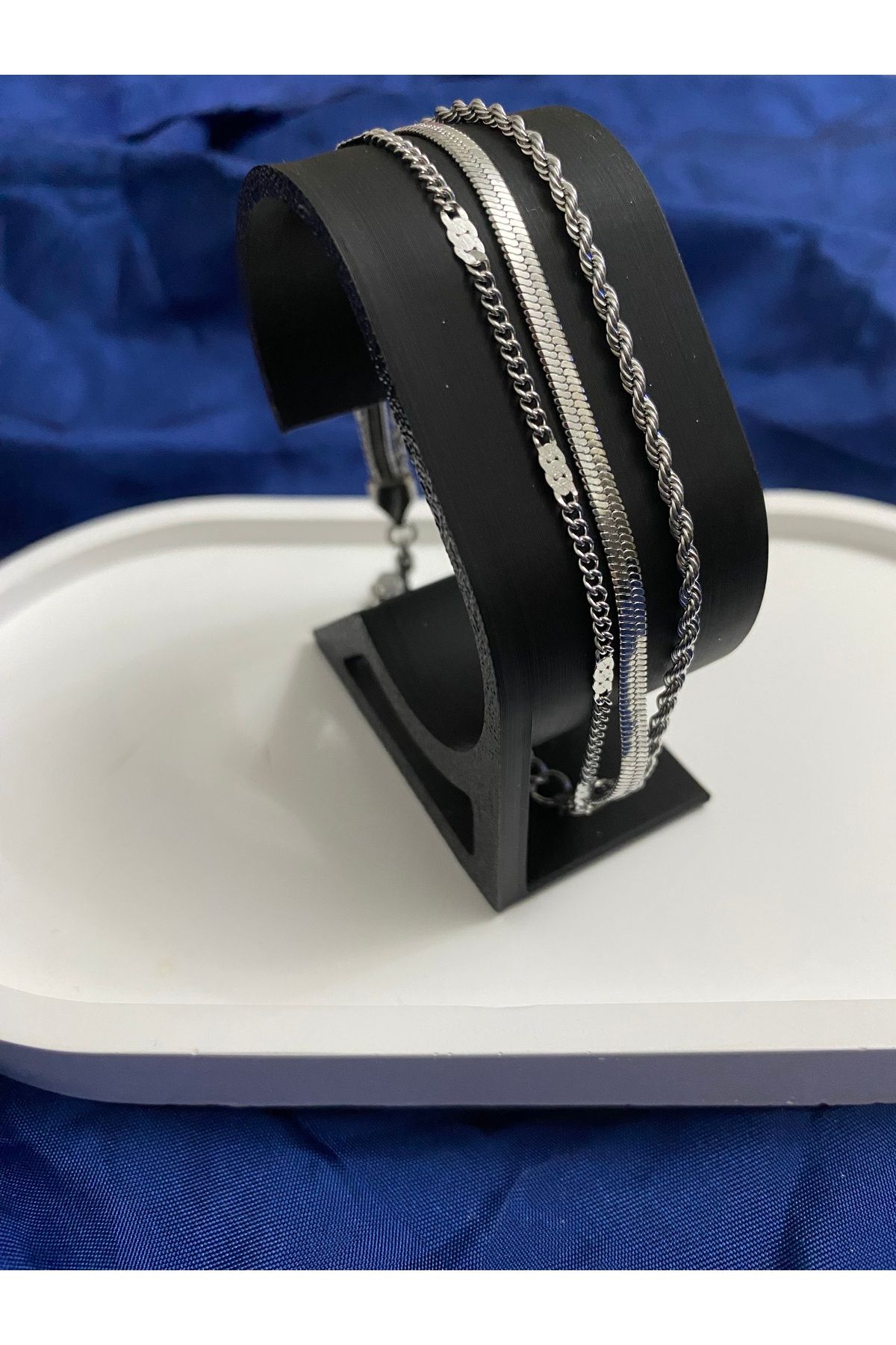 asem jewelry ÜÇLÜ ZİNCİR UNISEX GÜMÜŞ RENKLİ ÇELİK BİLEKLİK