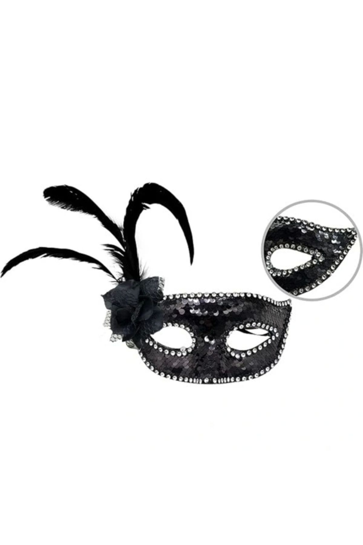 ShopNova Siyah Yandan Tüylü Güllü Taşlı Pullu Maske