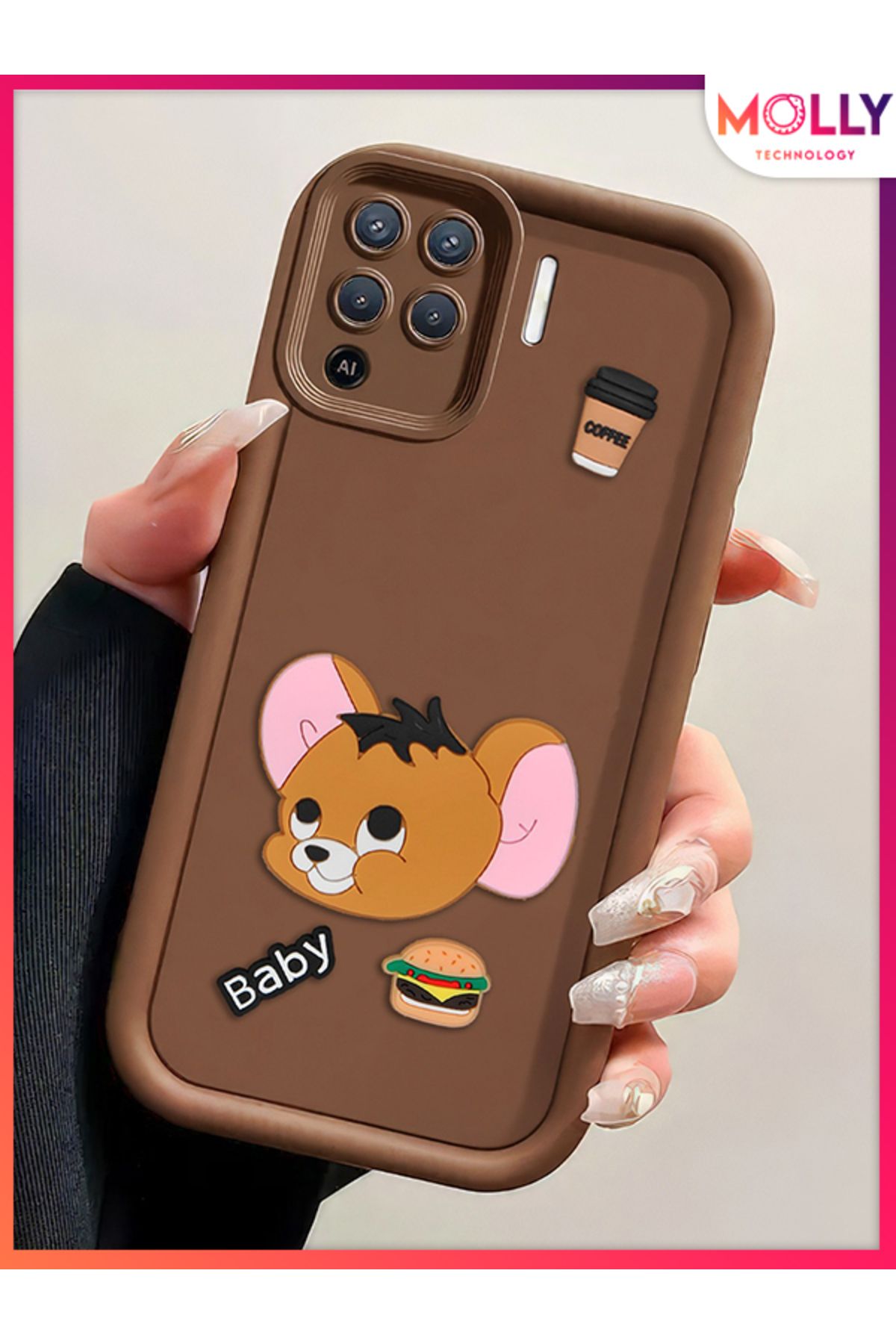 Molly Oppo Reno 5 Lite İçin Fallow Brown Kenarları Kalın 3d Kabartmalı Baby Jerry Silikon Kılıf