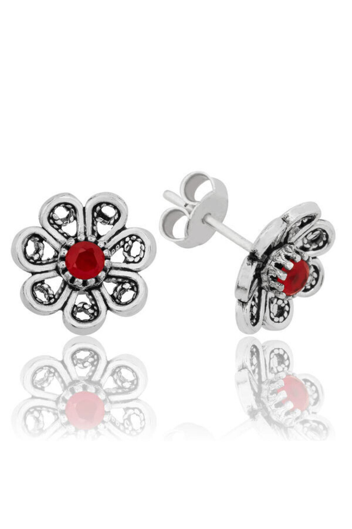 shop Çiçek Kırmızı Taşlı Çivili 925 Ayar Gümüş Küpe